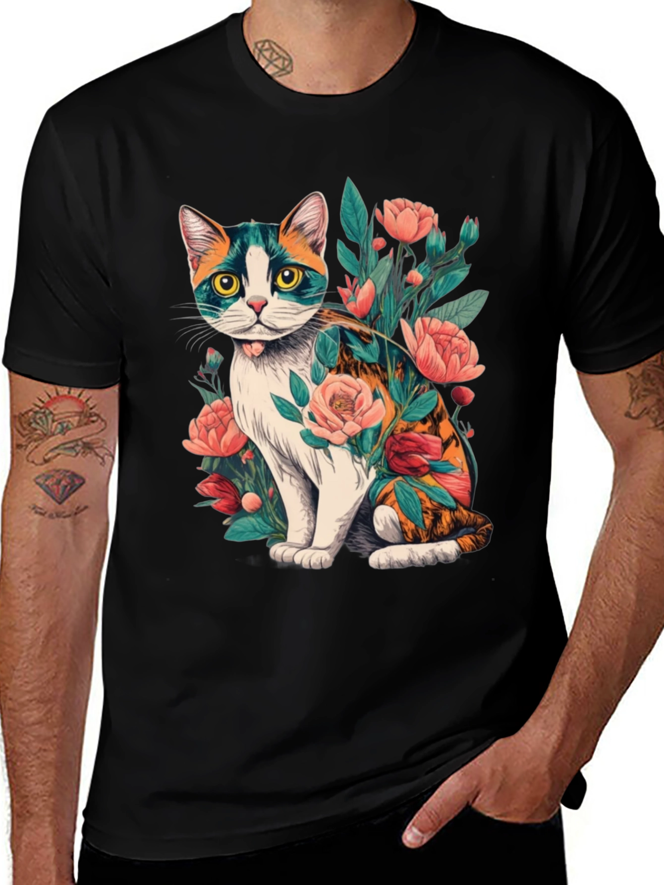 Variant 23 of Floral Cat T-Shirt - Artistic Graphic Tee
