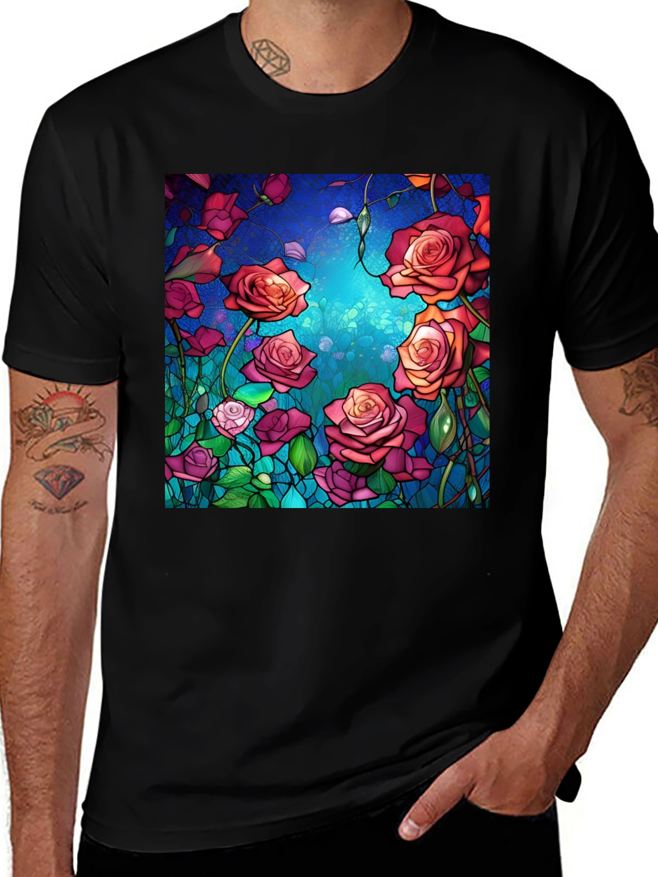 Floral Rose T-Shirt - Artistic Stained Glass Style Print
