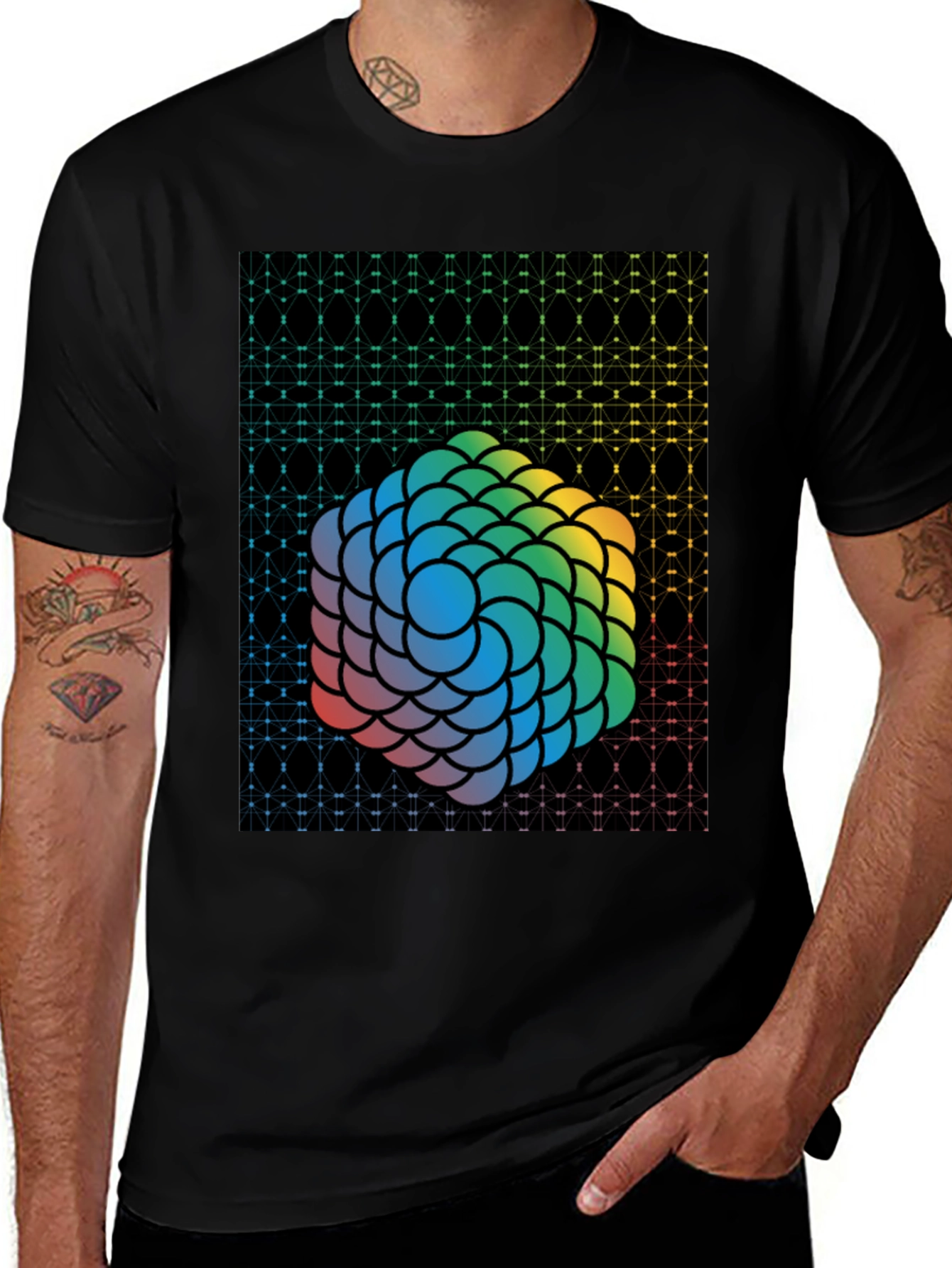 Variant 25 of Geometric Rainbow Sphere Graphic Tee - Men's Black T-Shirt