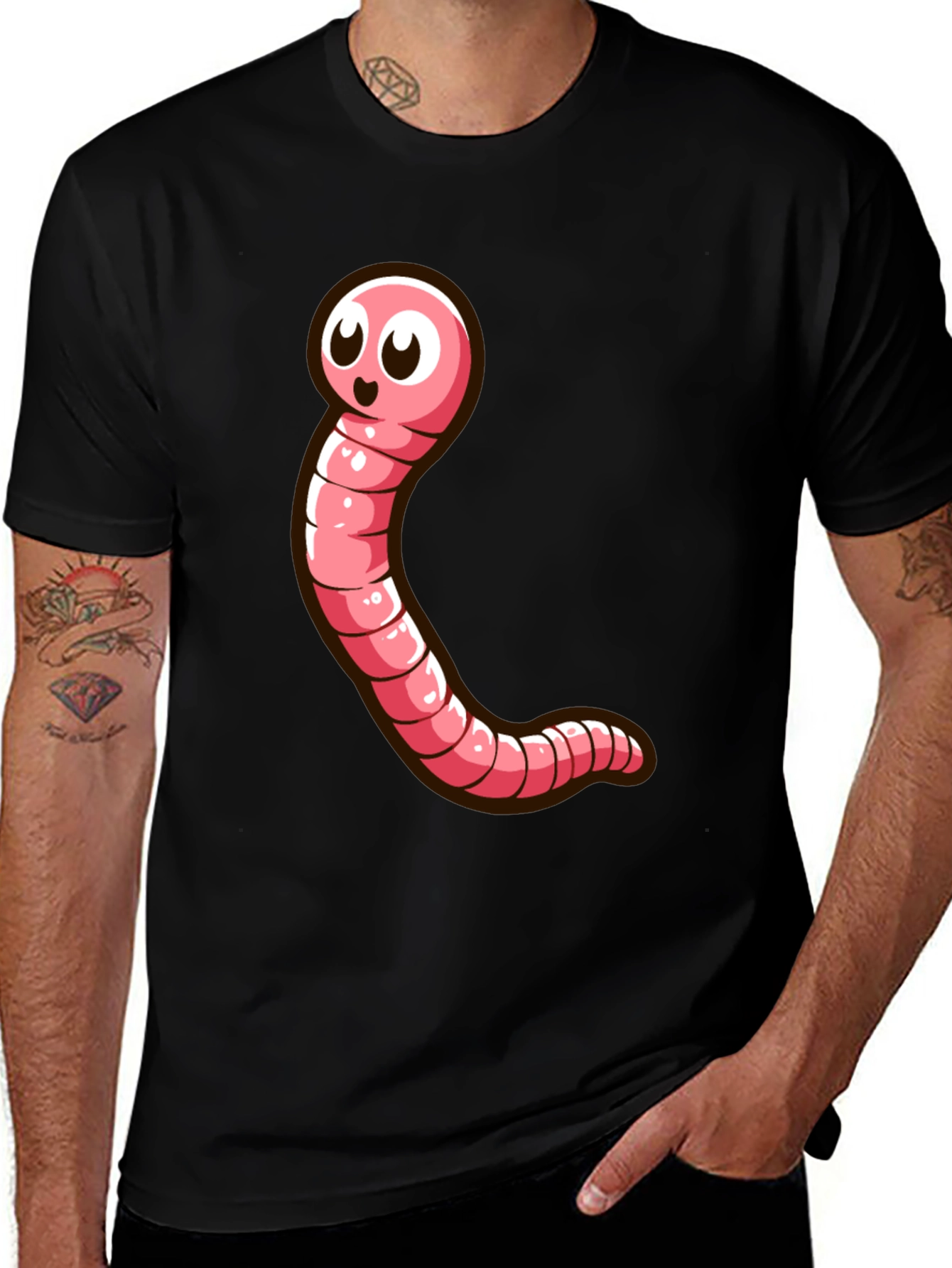Variant 23 of Cartoon Worm Graphic Tee - Black Cotton T-Shirt