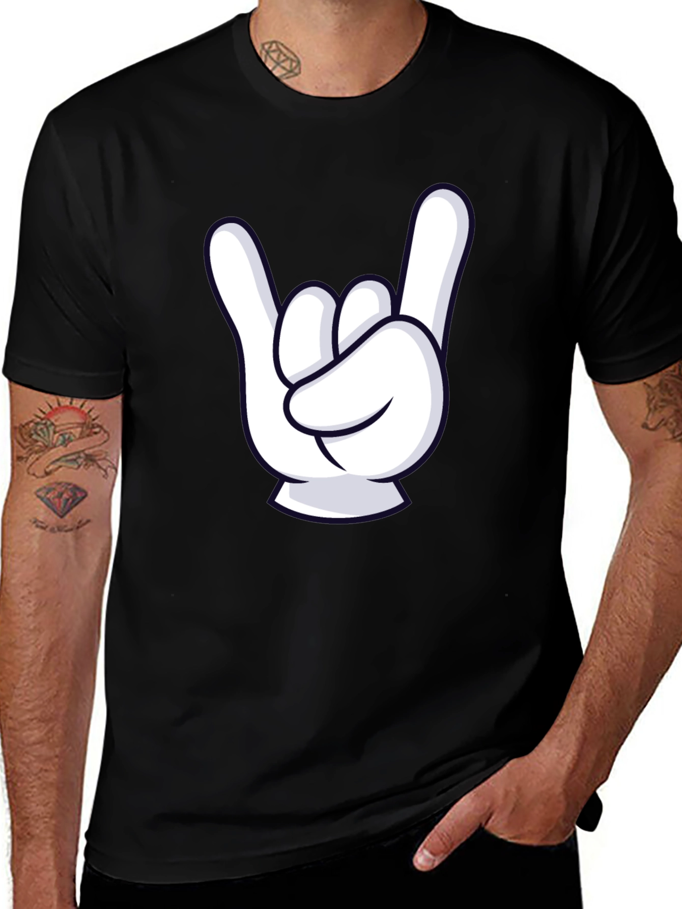 Rock On Cartoon Hand Black T-Shirt