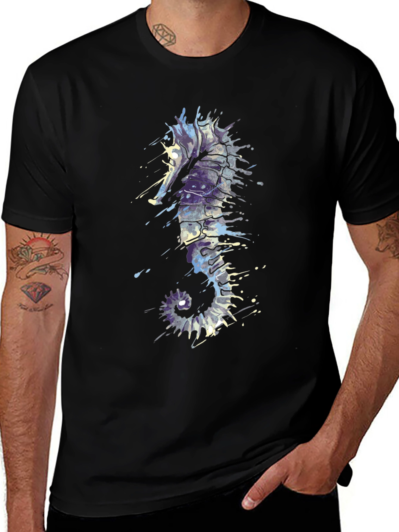 Variant 8 of Seahorse Splash Tee - Artistic Black T-Shirt