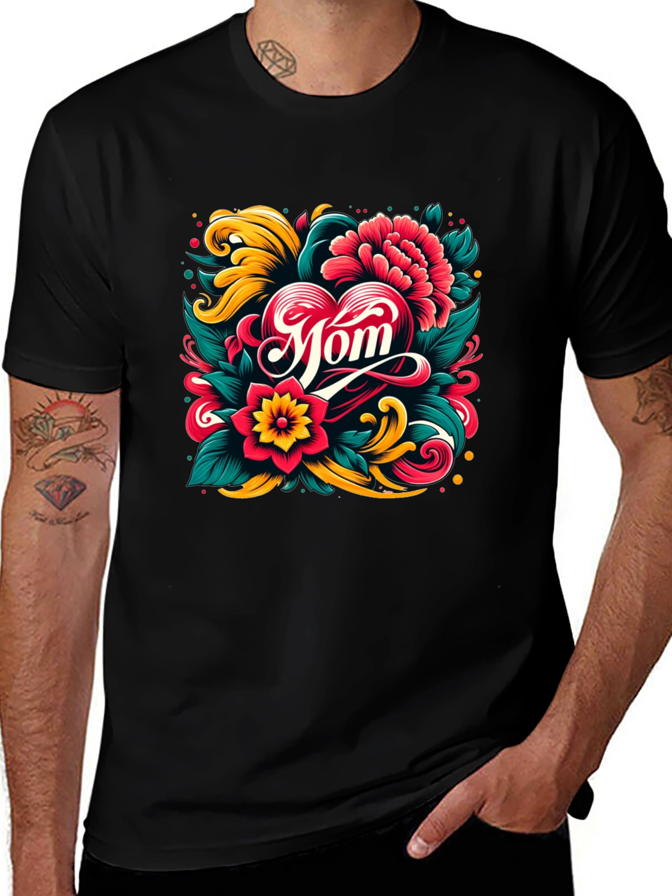 Variant 2 of Mom Floral Heart Graphic Black T-Shirt