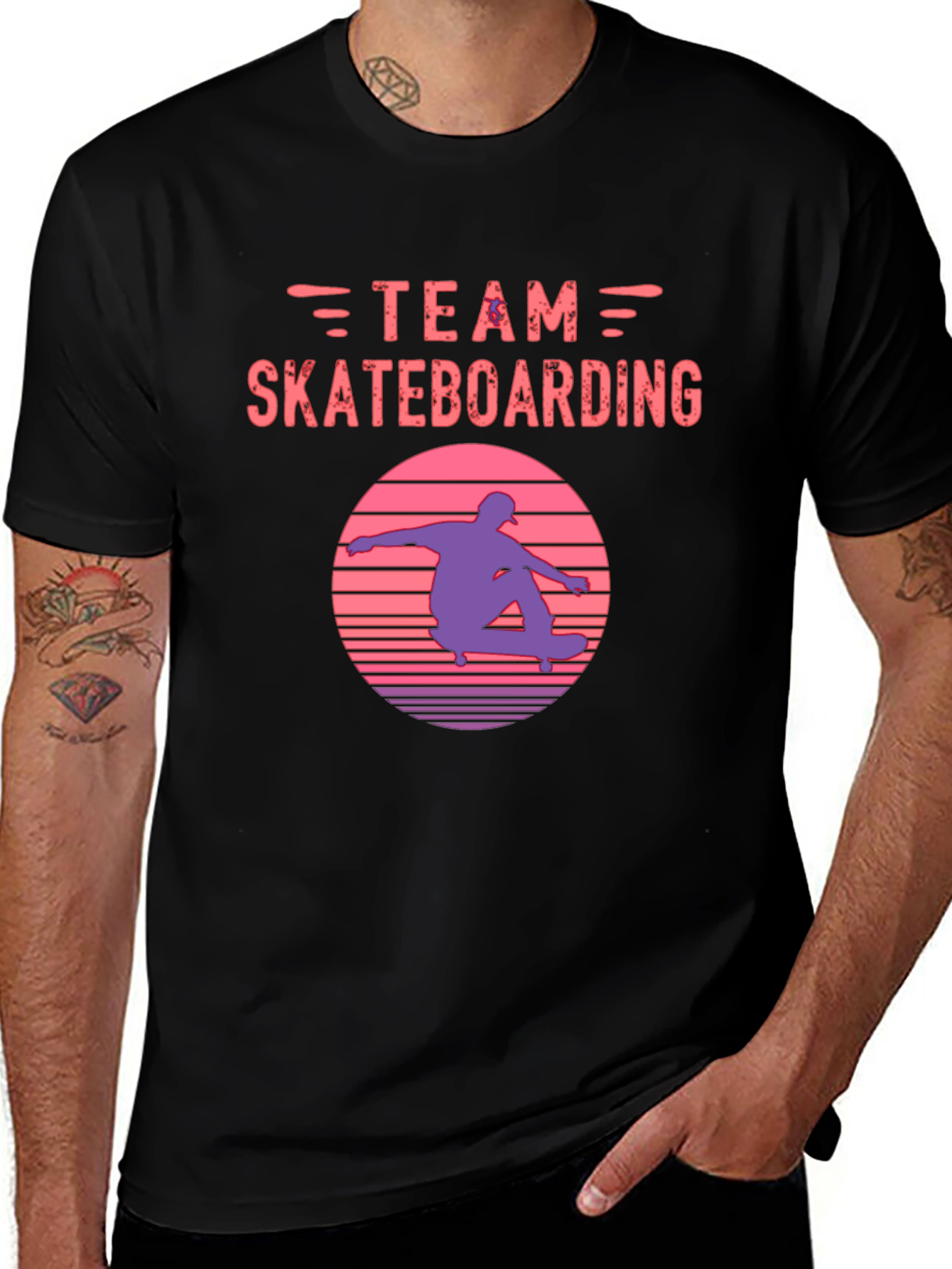 Black Team Skateboarding Graphic Tee - Retro Sunset Skater Shirt main image