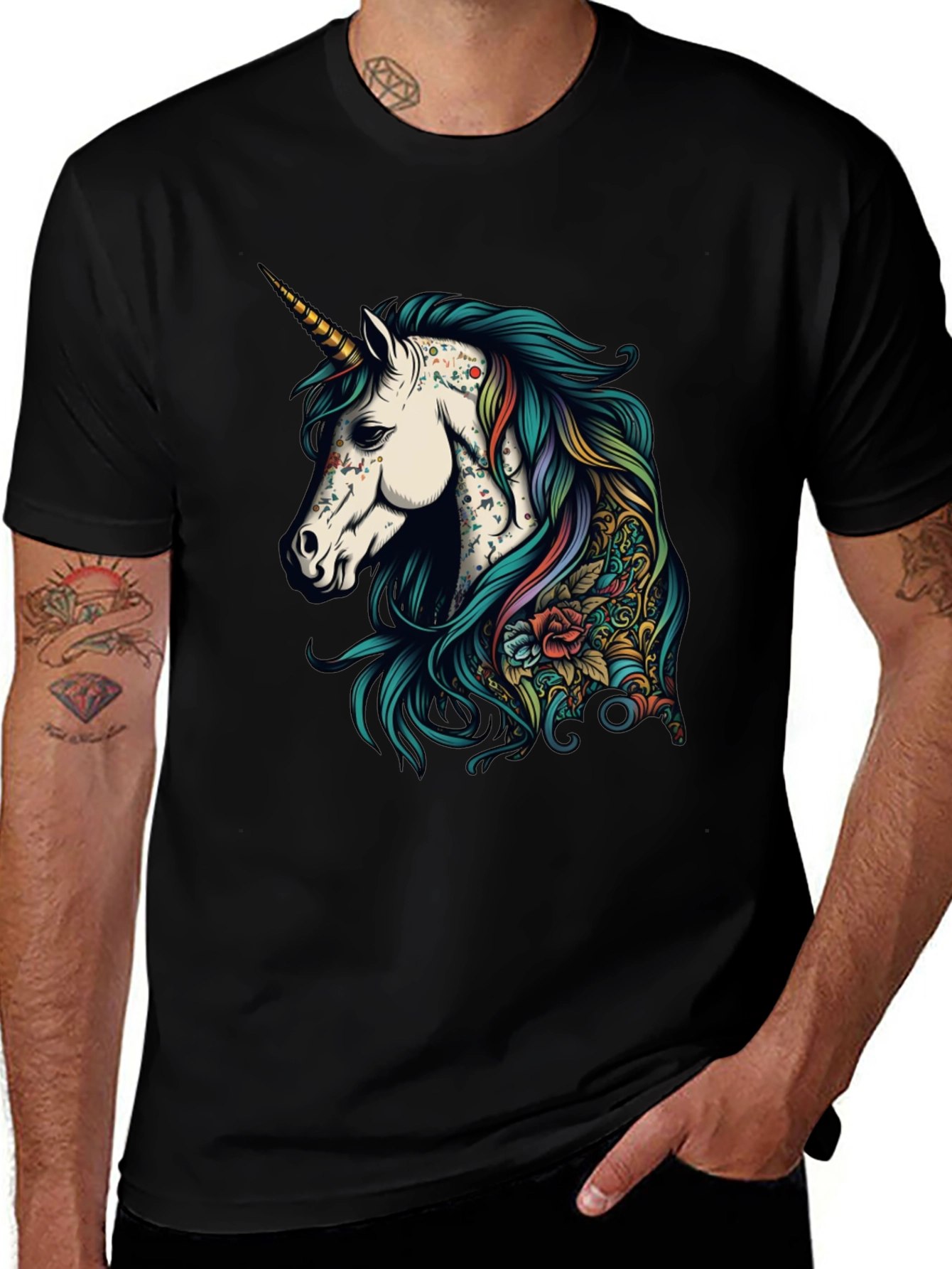 Variant 16 of Unicorn Tattoo Graphic Tee - Men's Black T-Shirt