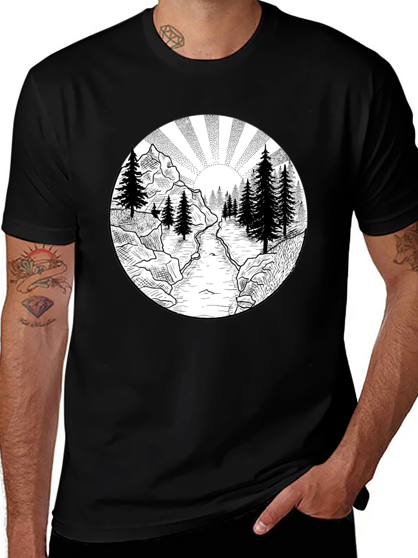 Variant 20 of Nature Scene Graphic Tee - Black Cotton T-Shirt