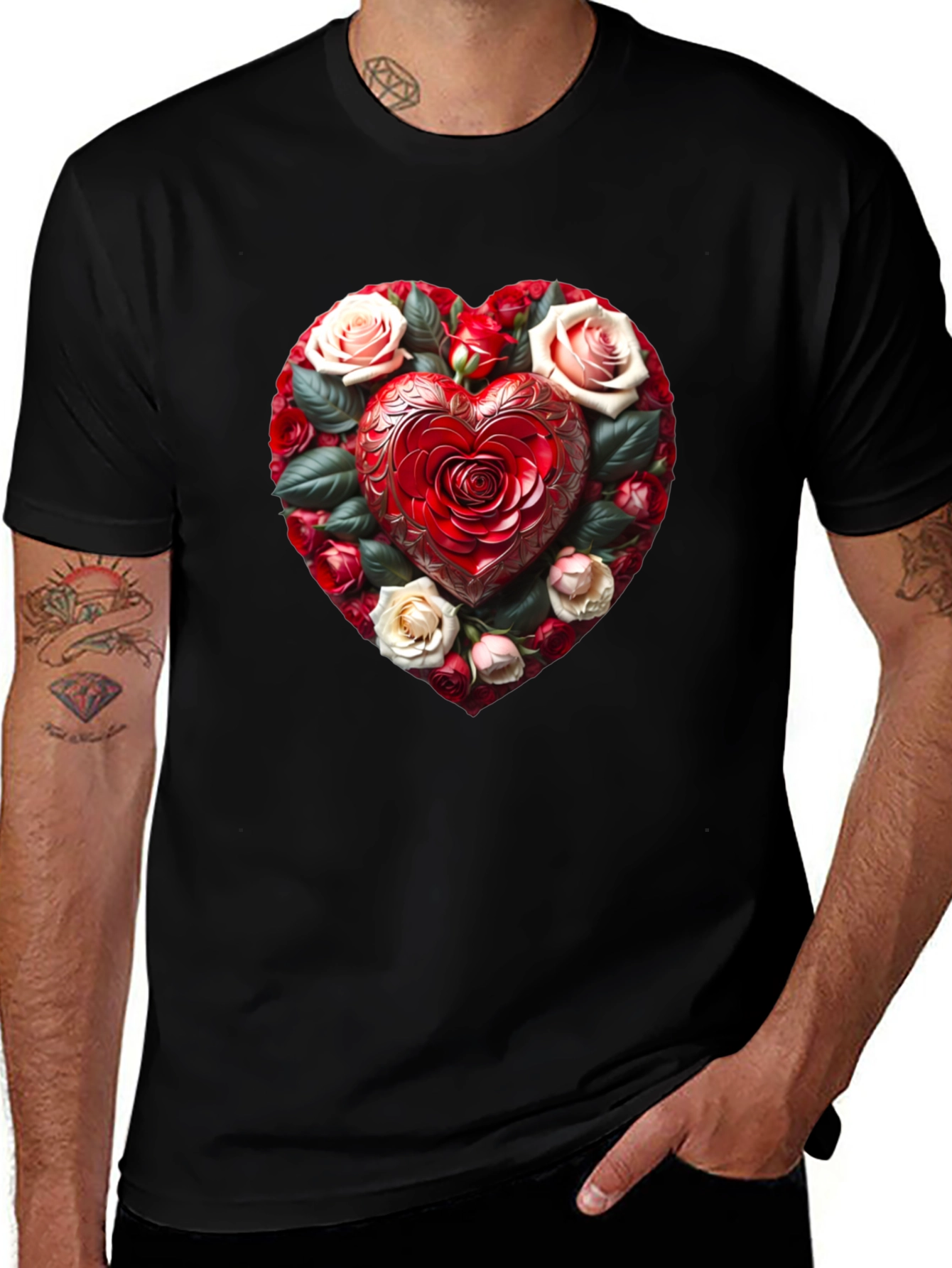 Variant 14 of Romantic Rose Heart Graphic Black T-Shirt