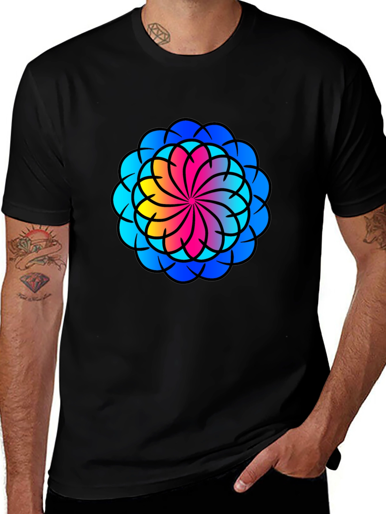 Variant 24 of Vibrant Mandala Graphic Tee - Stylish Black Cotton Shirt