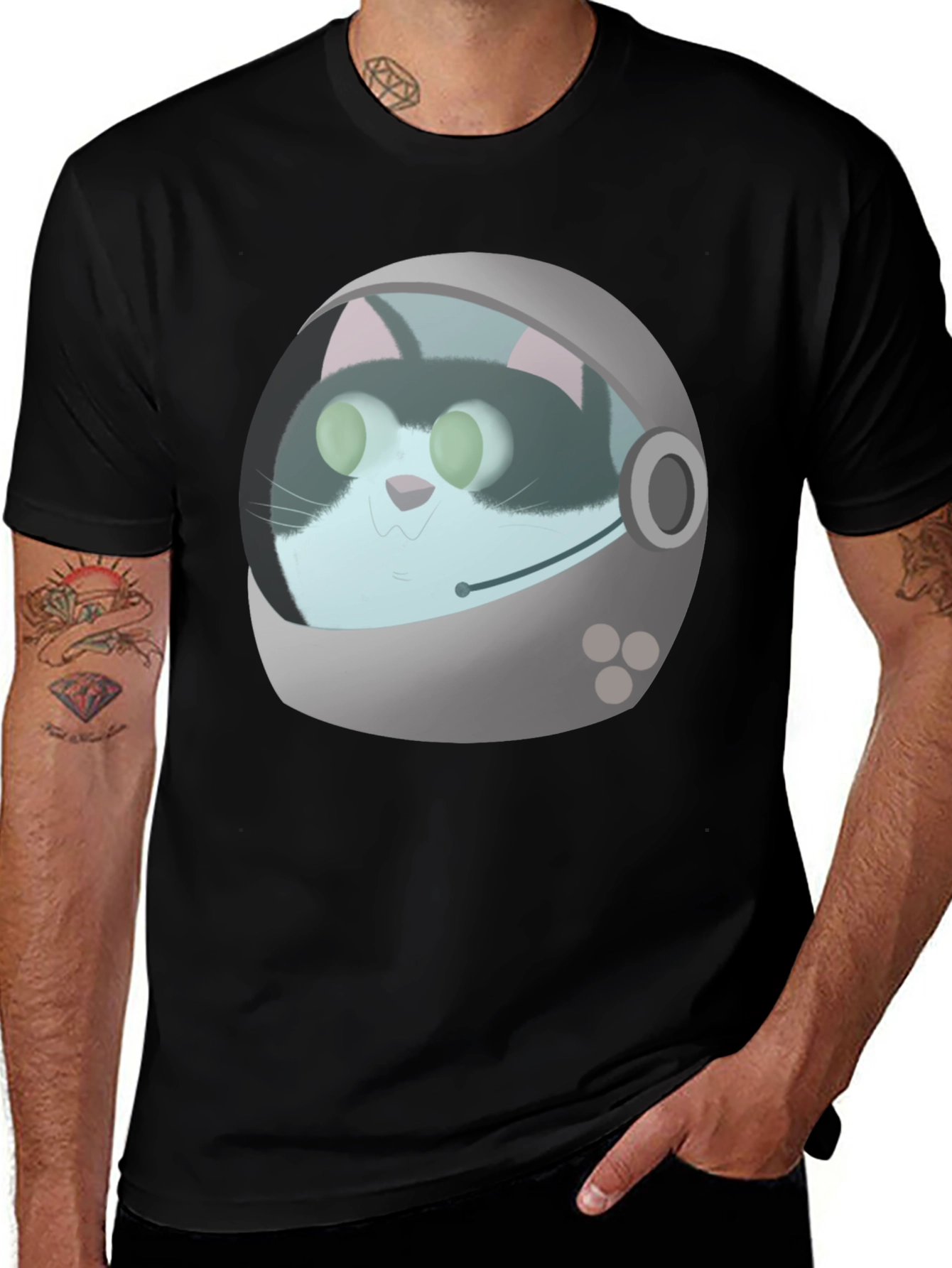 Variant 15 of Astronaut Cat Graphic T-Shirt - Black Crew Neck Tee