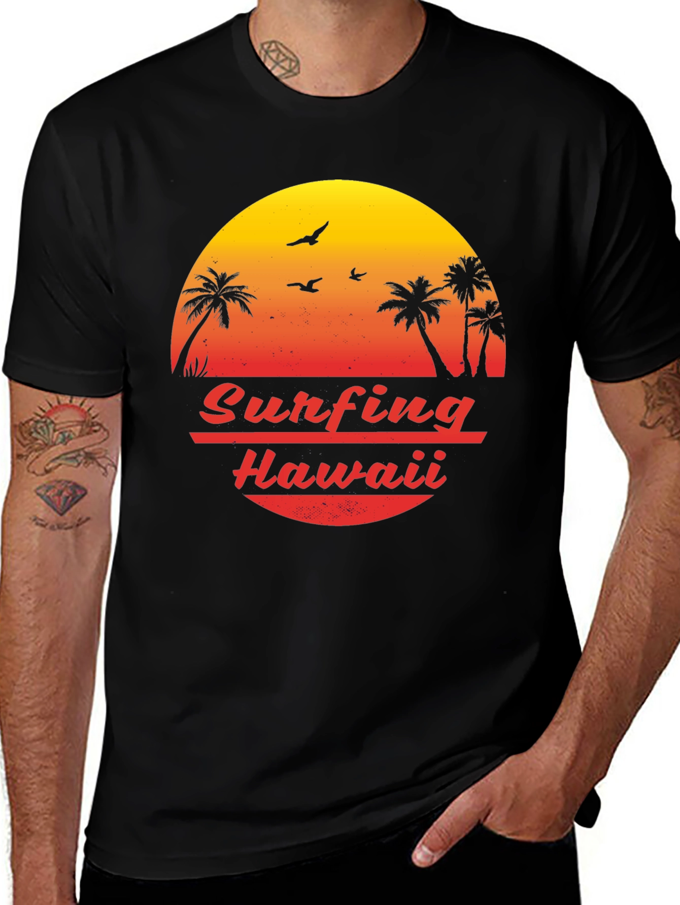 Variant 27 of Surfing Hawaii Graphic Tee - Retro Sunset Palm Design