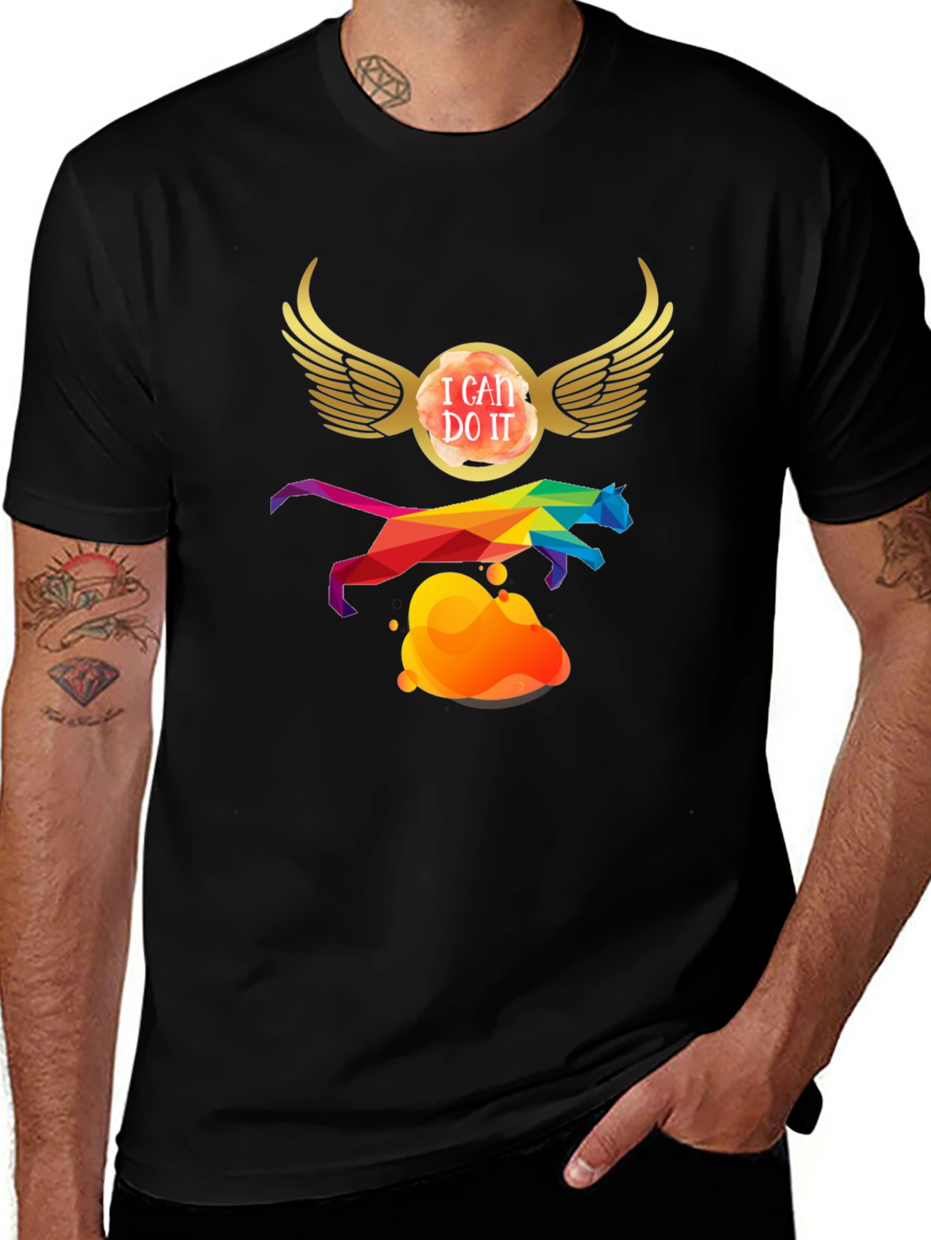Variant 16 of I Can Do It Black T-Shirt Rainbow Cat Wings