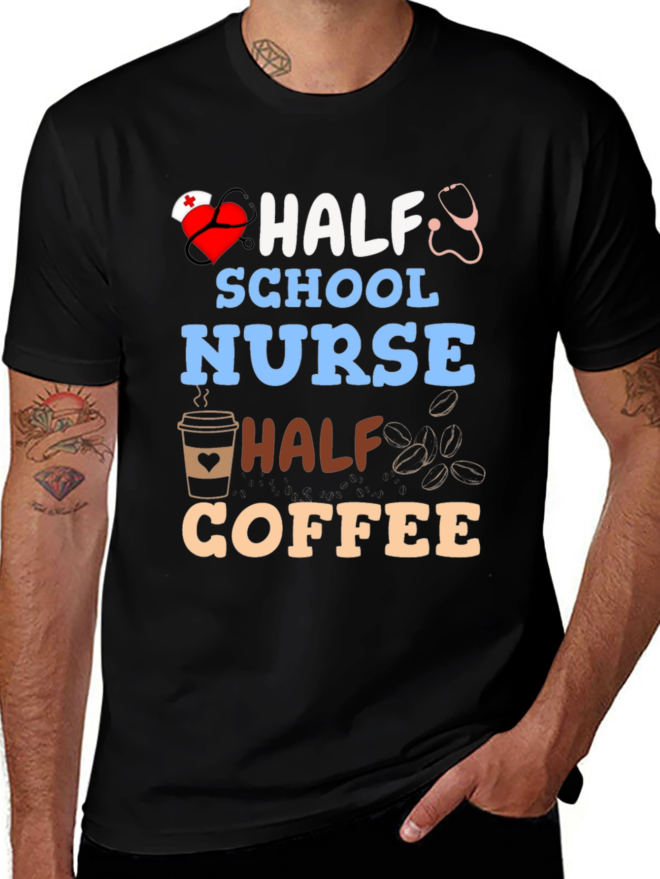Variant 27 of Half School Nurse, Half Coffee Graphic T-Shirt