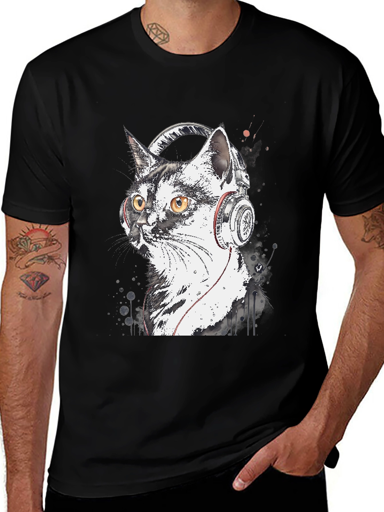 Variant 26 of Cool Cat Headphones Graphic T-Shirt - Black