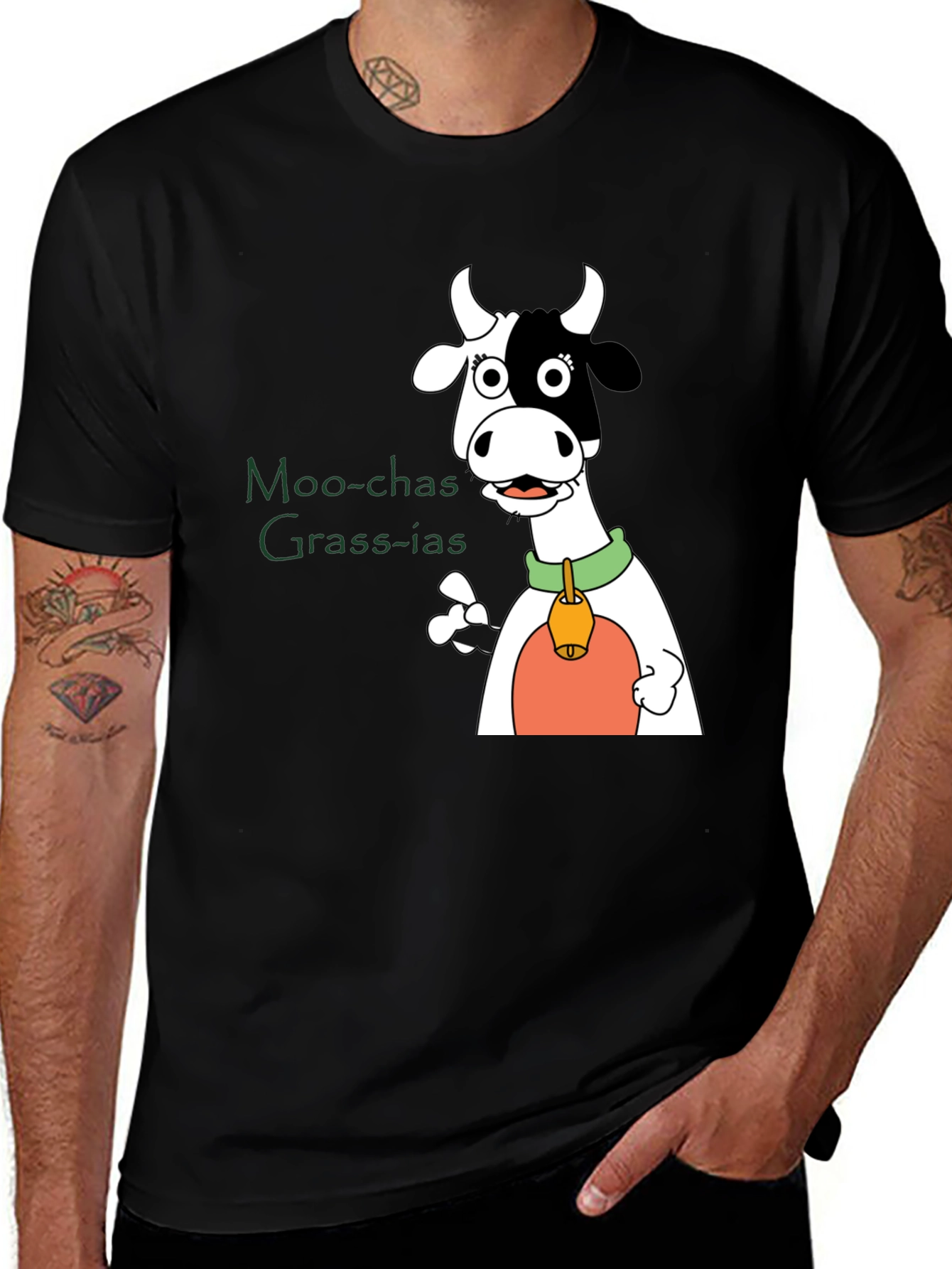 Variant 14 of Moo-chas Grass-ias Cow Graphic Black T-Shirt