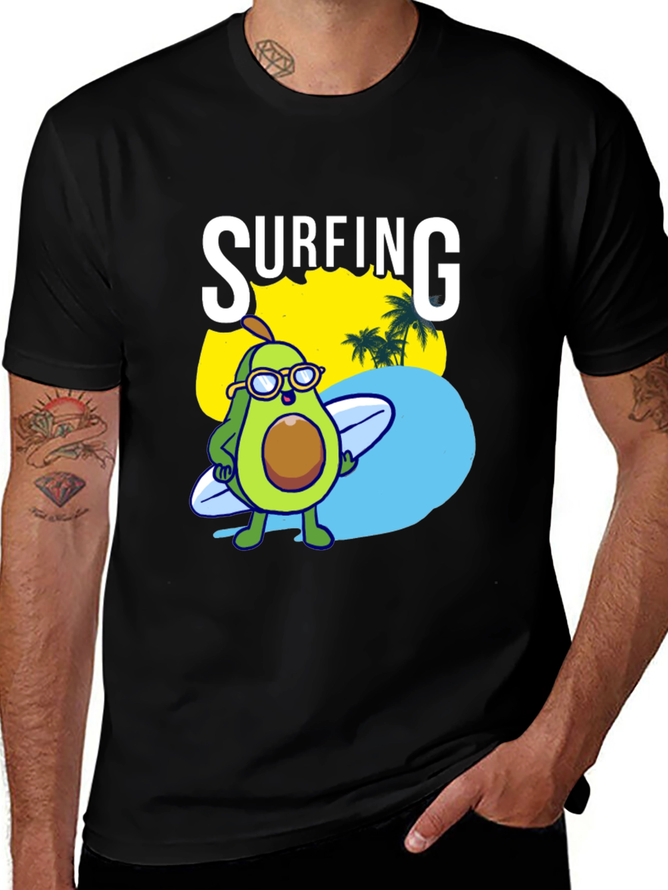 Variant 19 of Surfing Avocado Graphic Tee - Black Cotton Shirt