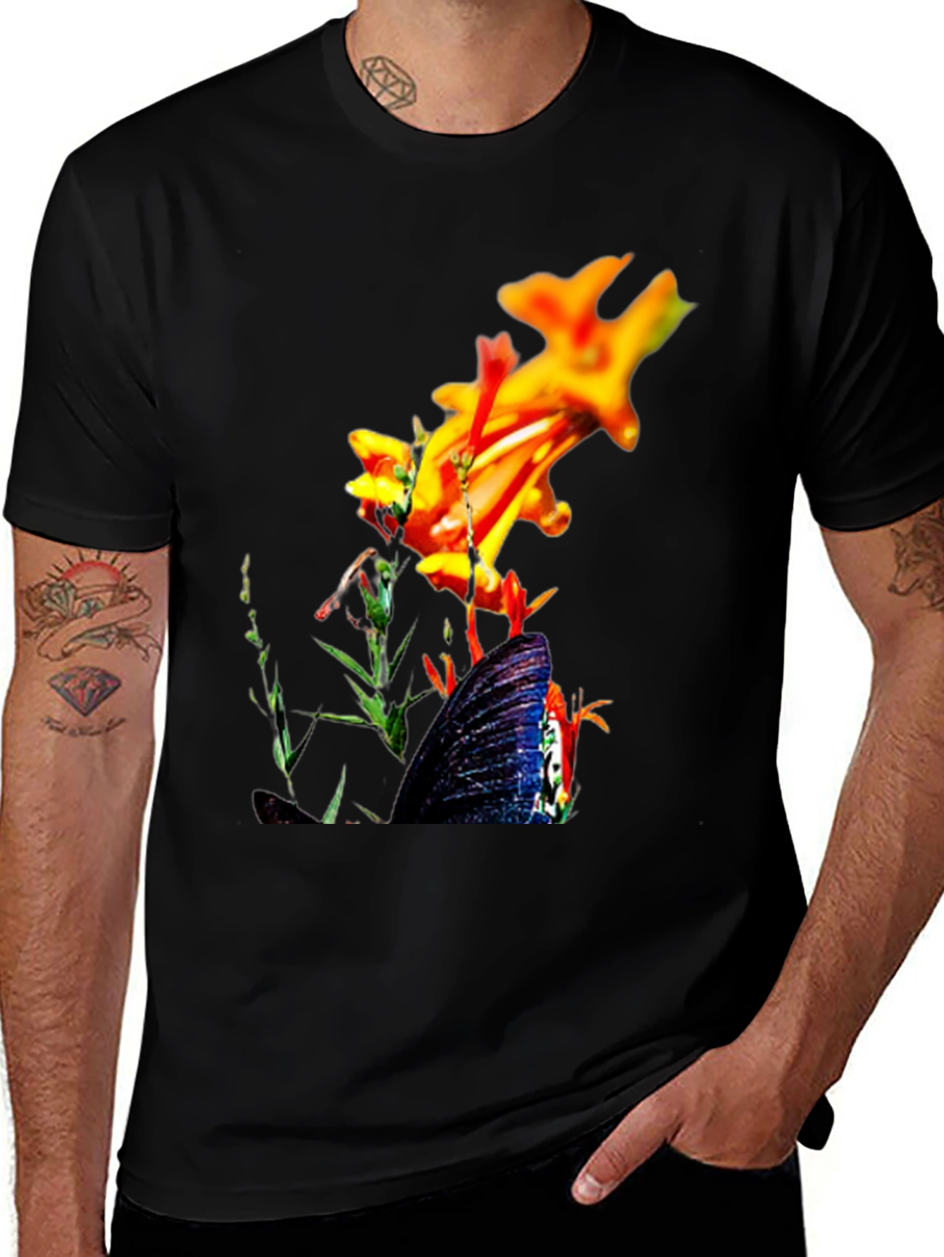 Variant 24 of Floral Butterfly Graphic Black T-Shirt