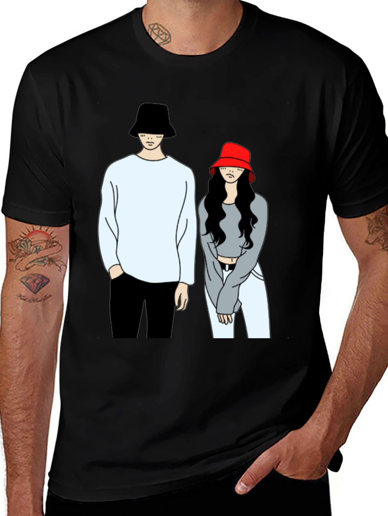 Variant 29 of Trendy Couple Cartoon Graphic Print Black T-Shirt