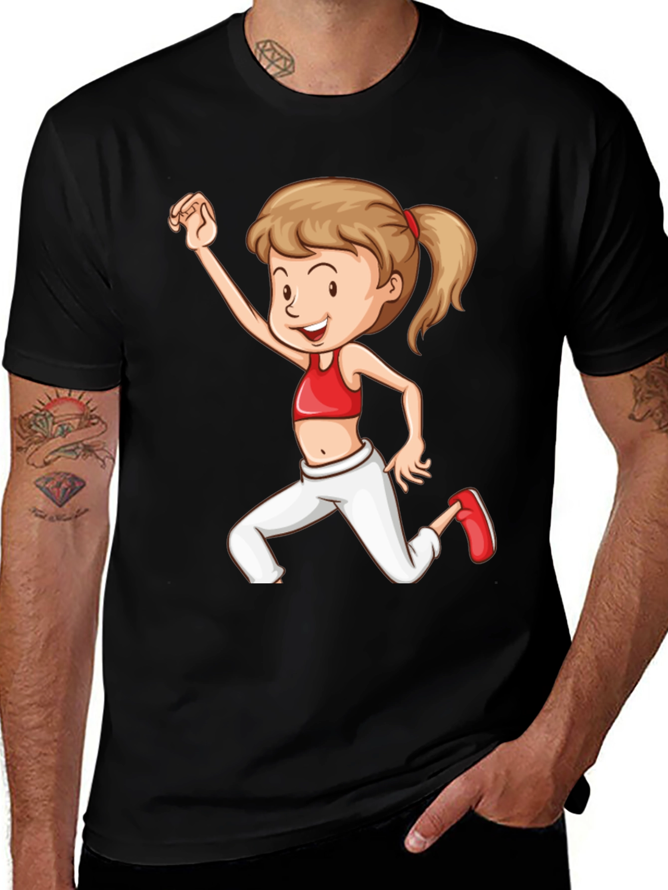 Girl Cartoon Print Black T-Shirt