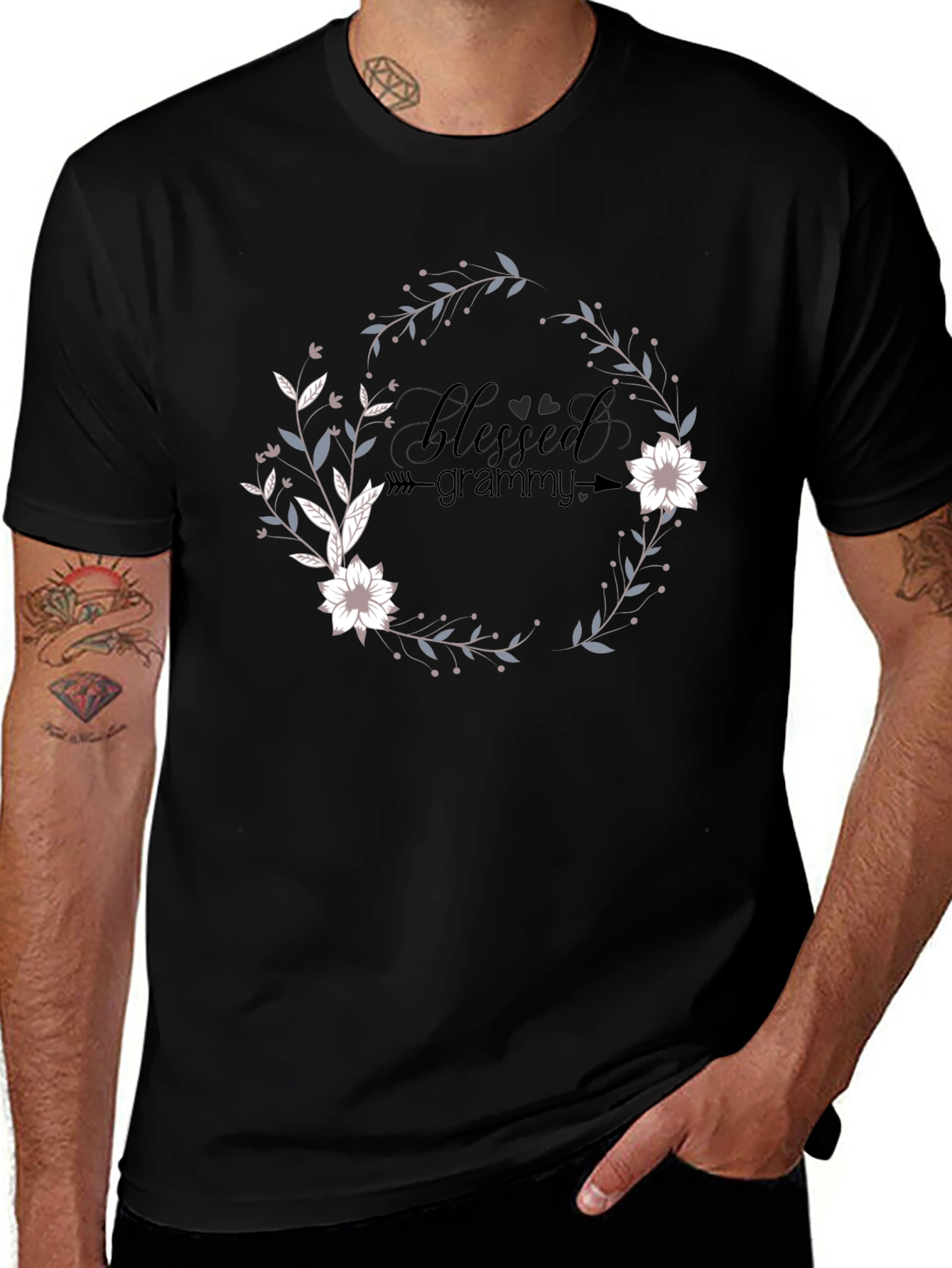 Variant 9 of Blessed Grammy Graphic Tee - Floral Wreath Design