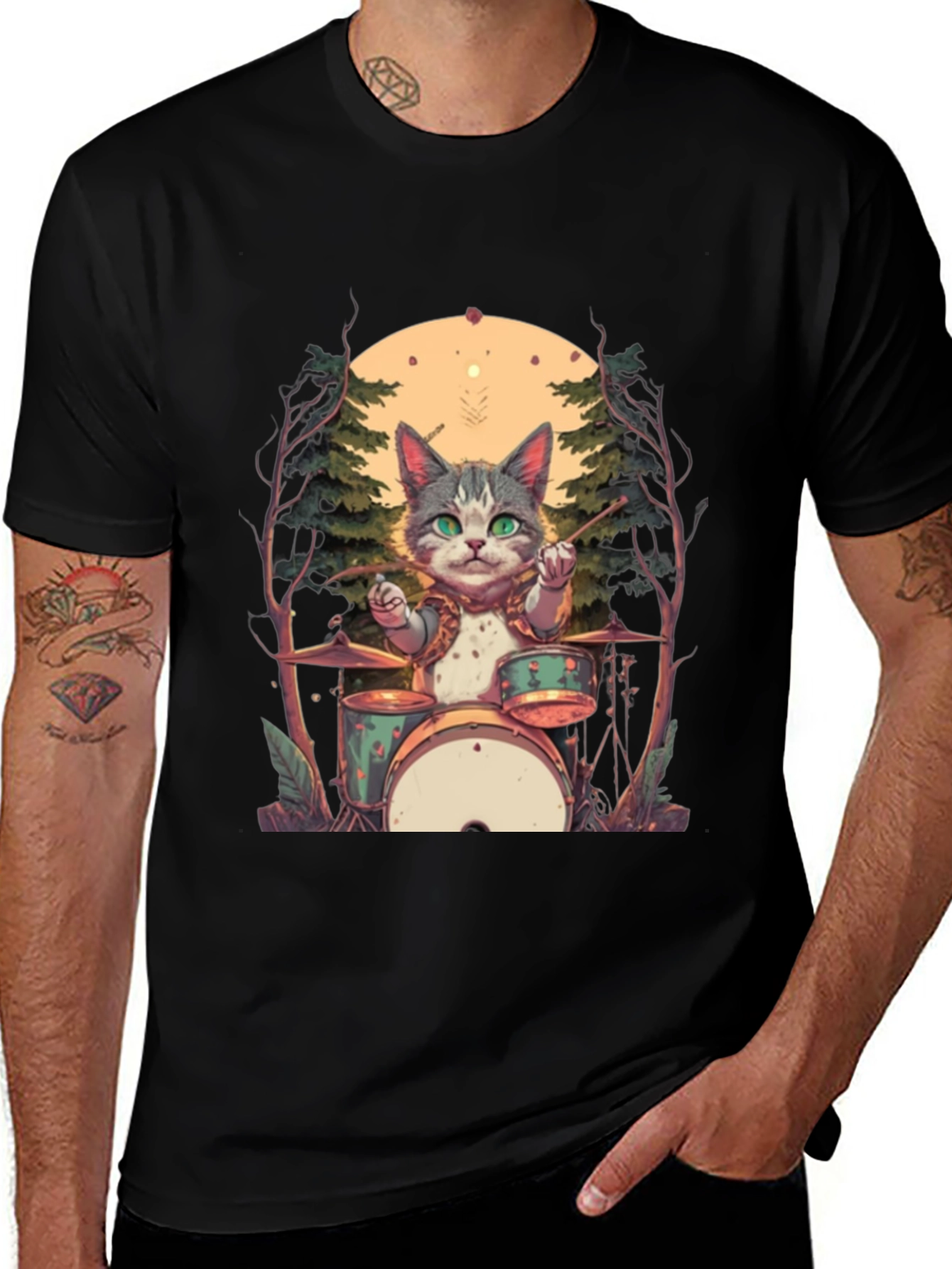Variant 5 of Cat Drummer Graphic Tee - Black Cotton T-Shirt