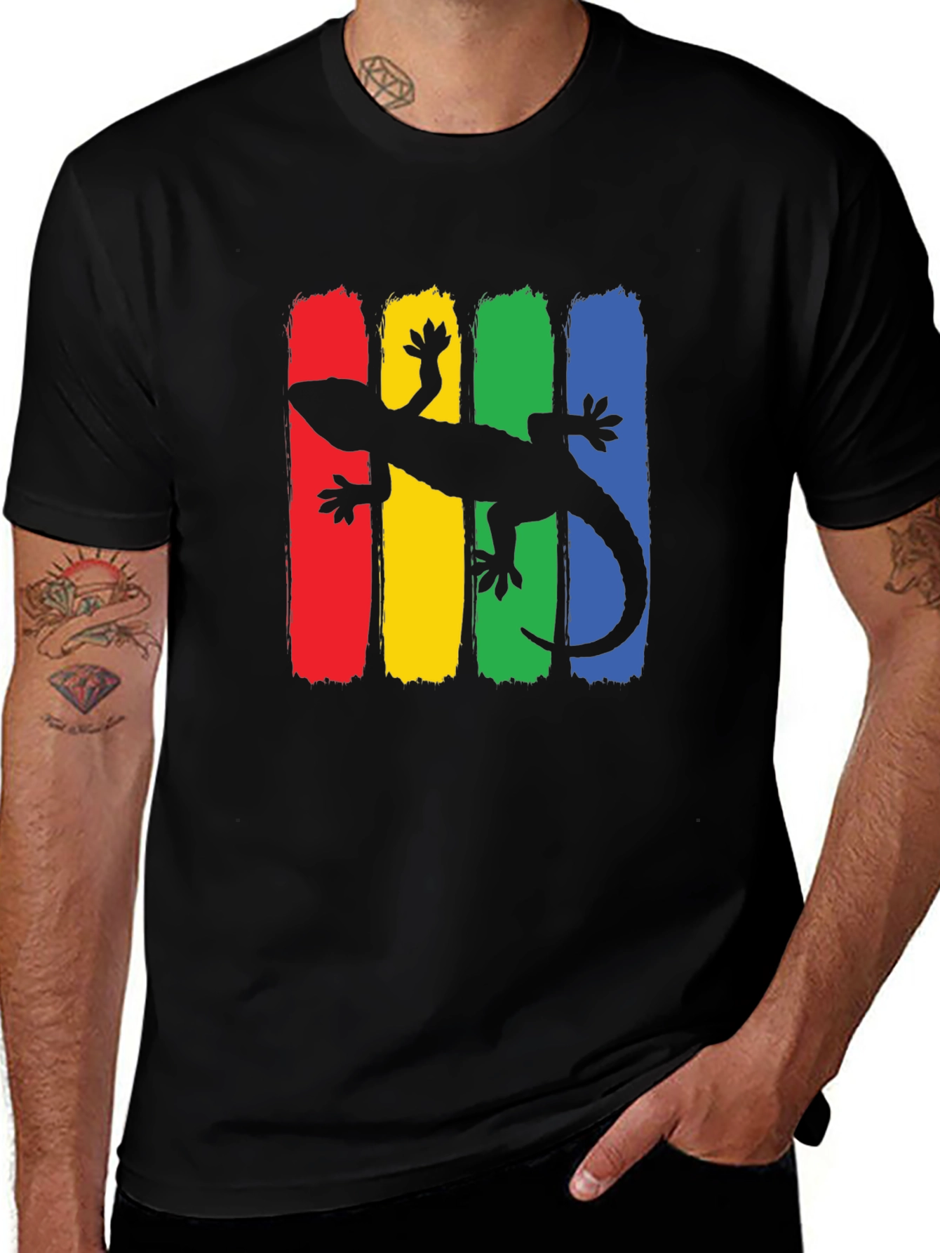Variant 26 of Lizard Silhouette Tee - Colorful Graphic Print Black T-Shirt