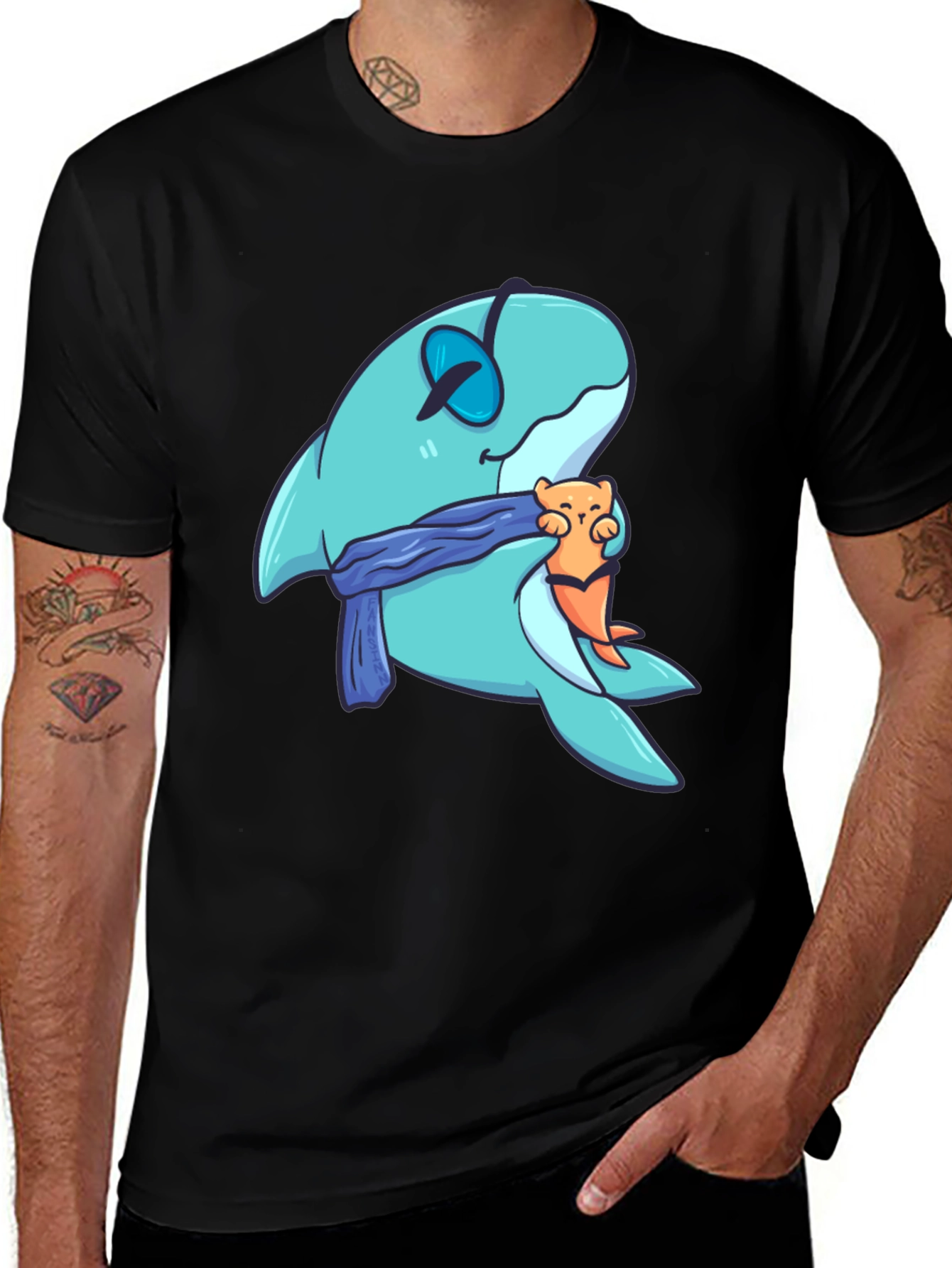 Cartoon Shark & Otter Graphic T-Shirt