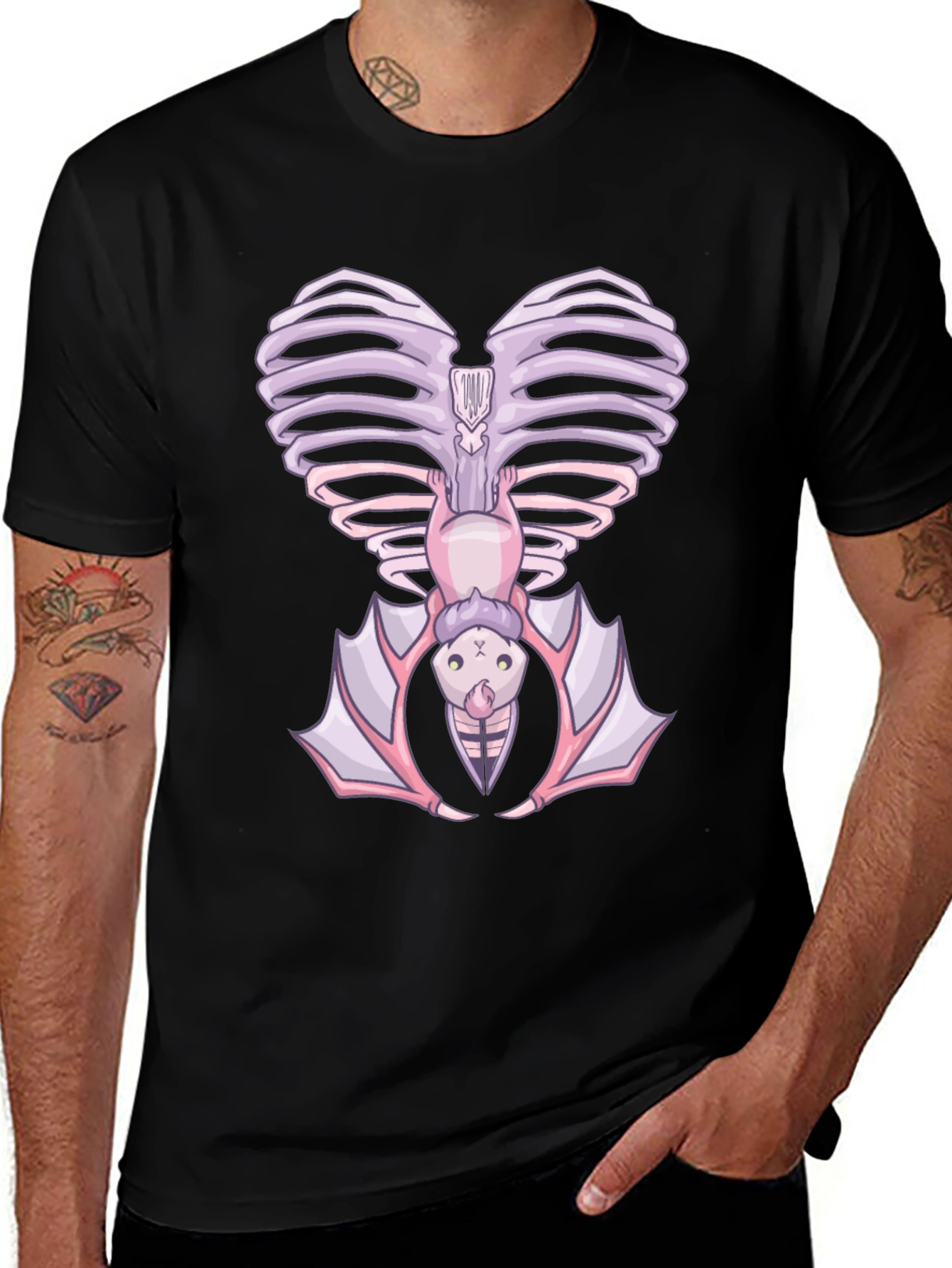 Variant 13 of Heart Ribcage Bat Graphic Tee - Unique Halloween Style