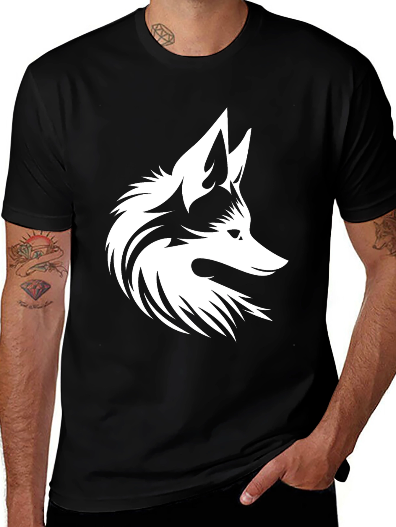 Bold Black T-Shirt with White Fox Design