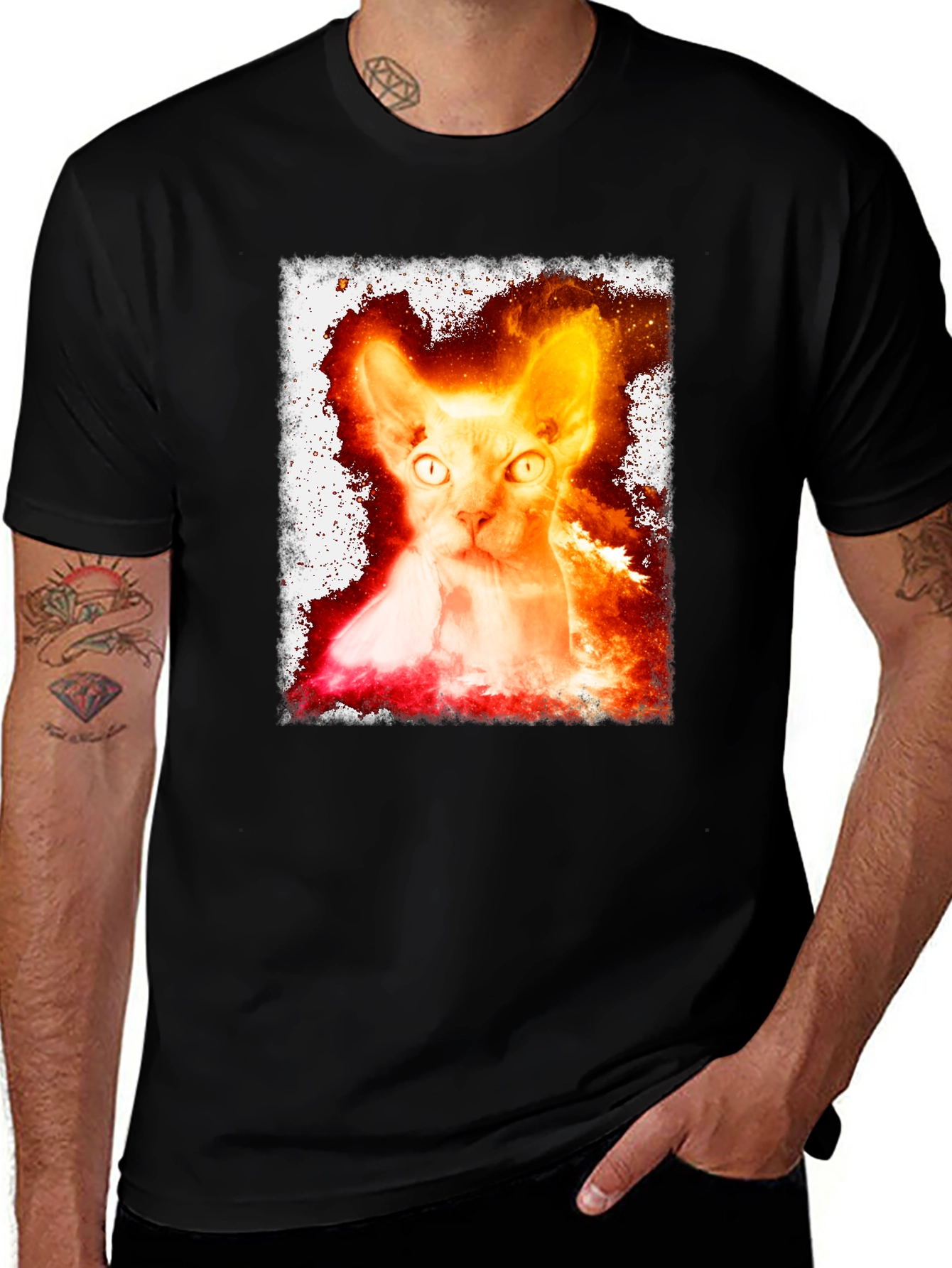 Variant 11 of Fiery Sphynx Cat Graphic Tee - Unisex Black T-Shirt