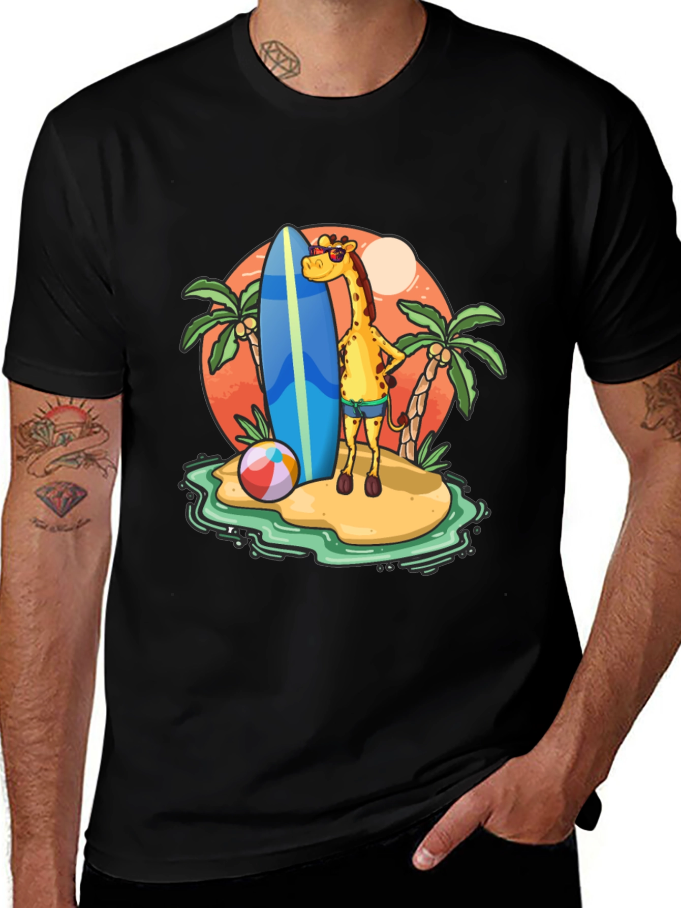 Variant 4 of Giraffe Surf T-Shirt - Beach Vacation Style