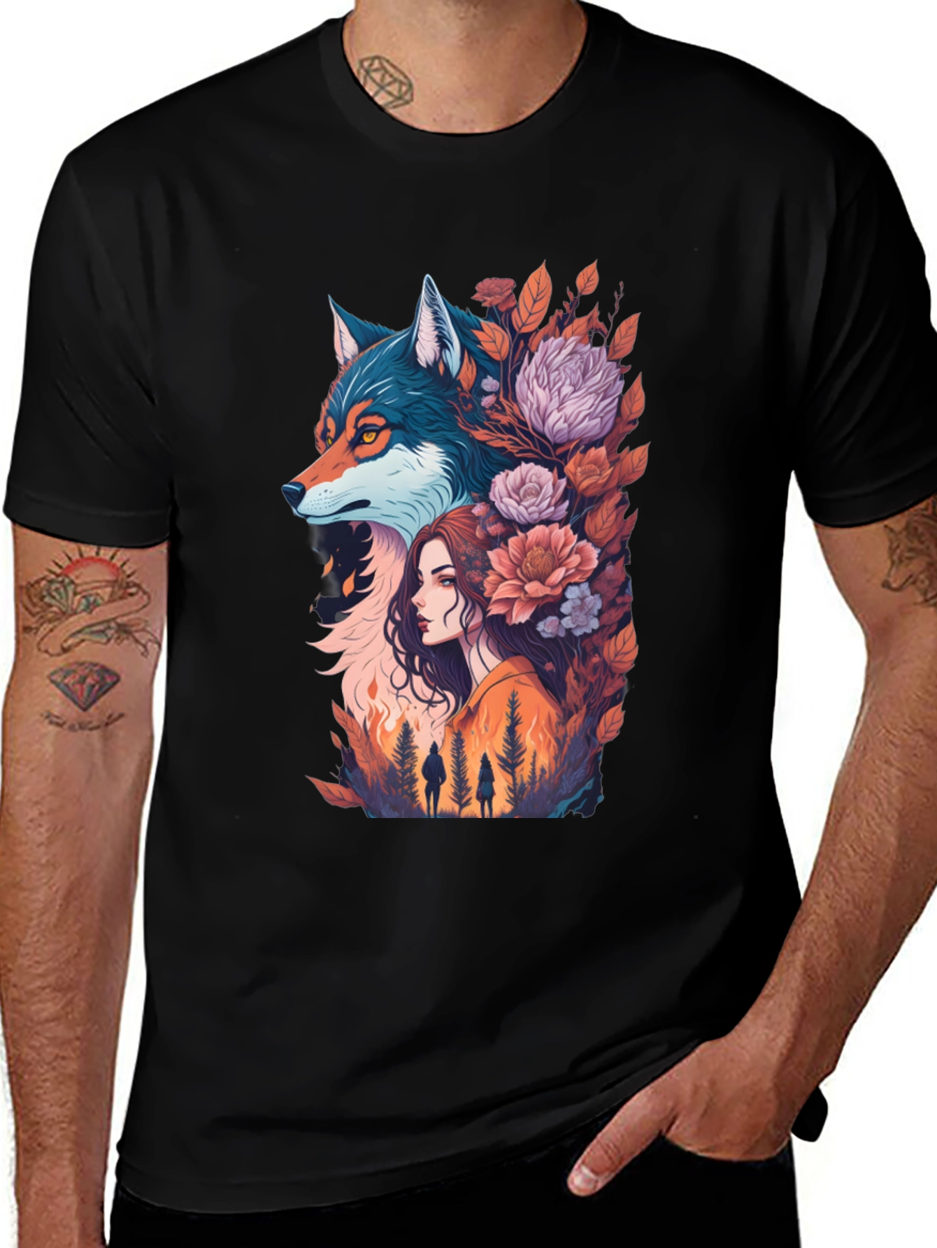 Variant 30 of Wolf & Woman Graphic Tee - Artistic Design