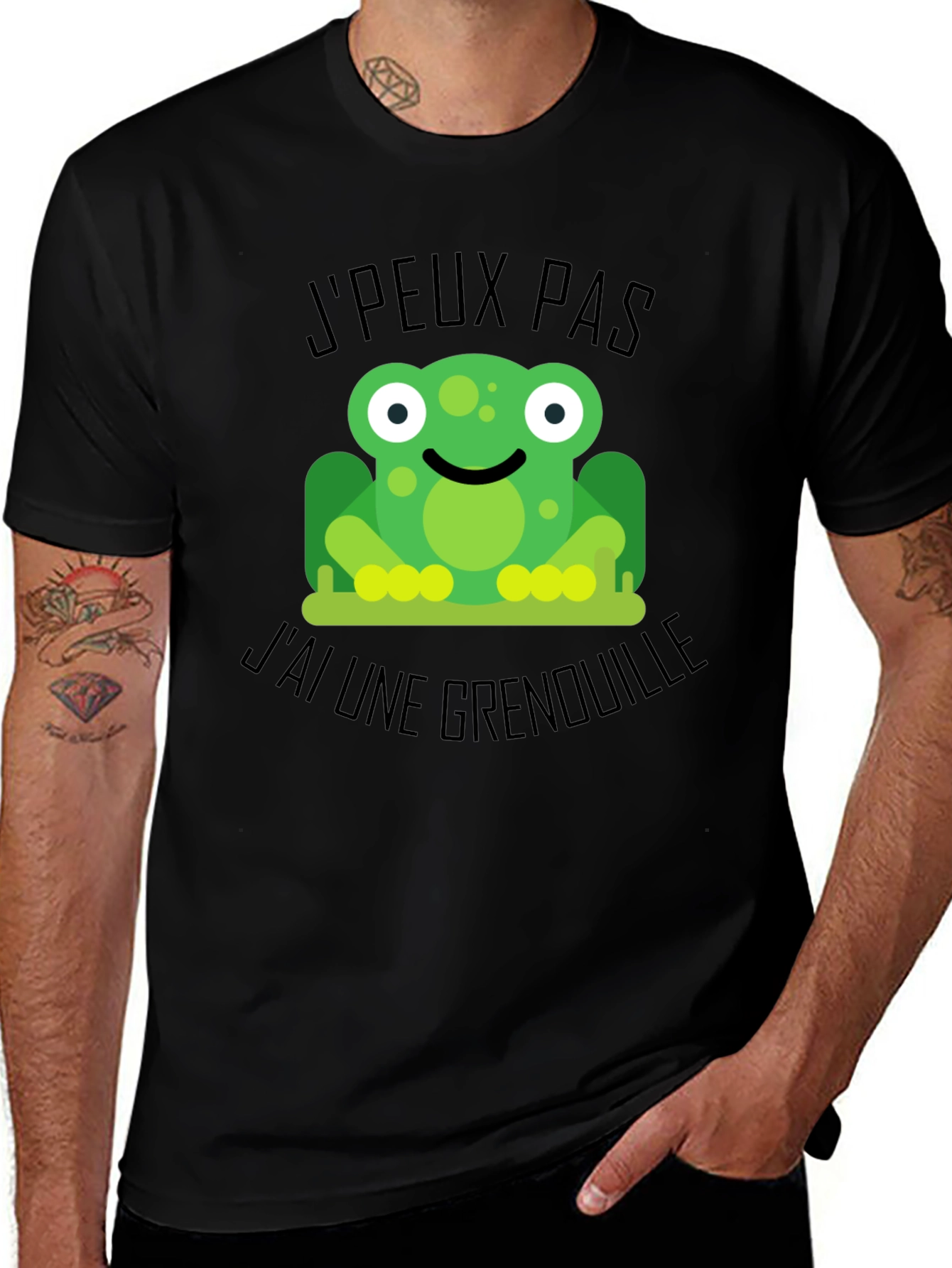 Variant 17 of Frog Graphic Black T-Shirt: 'J'peux Pas J'ai Une Grenouille'