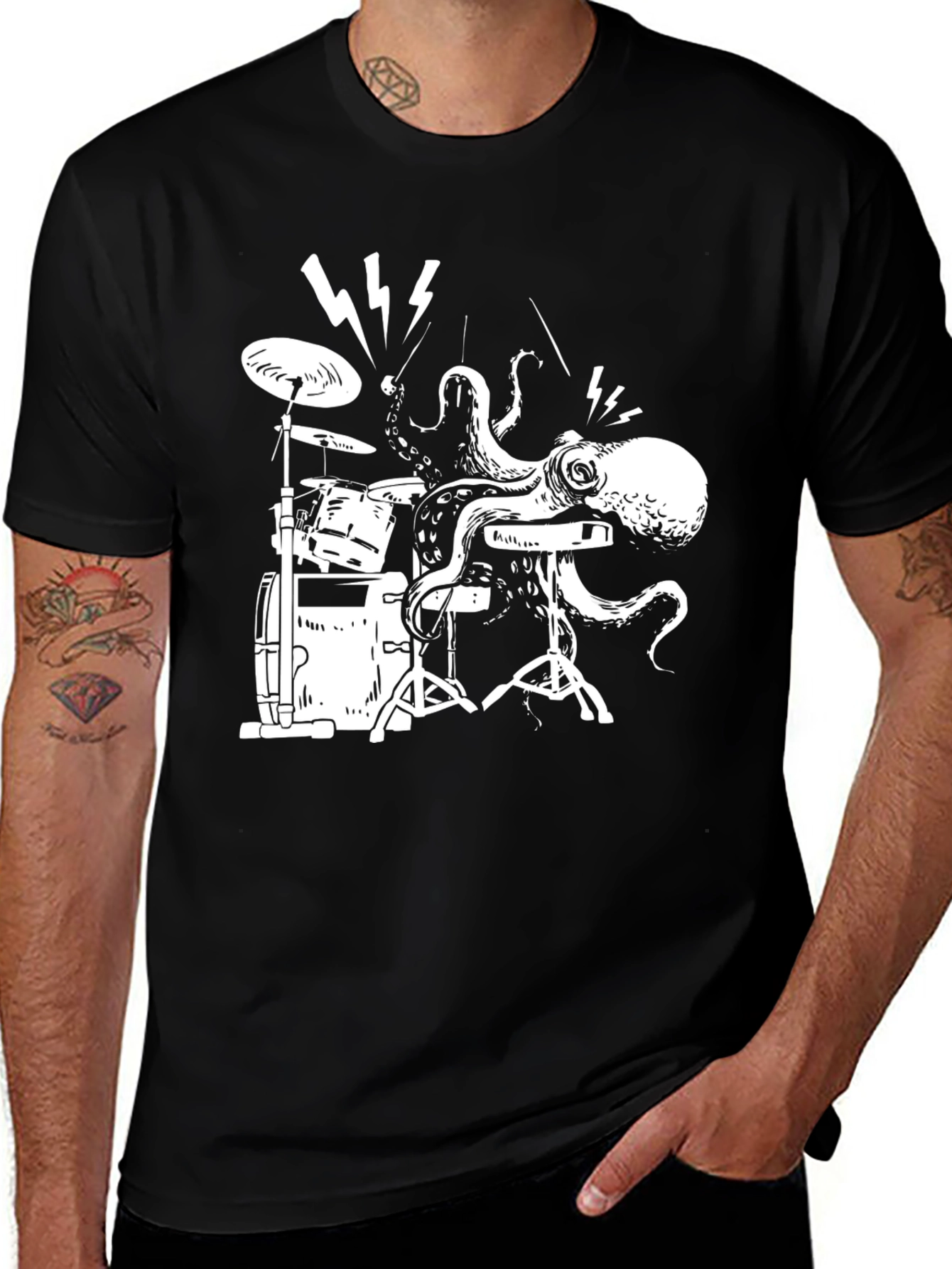 Variant 7 of Octopus Drummer T-Shirt - Black Cotton Tee