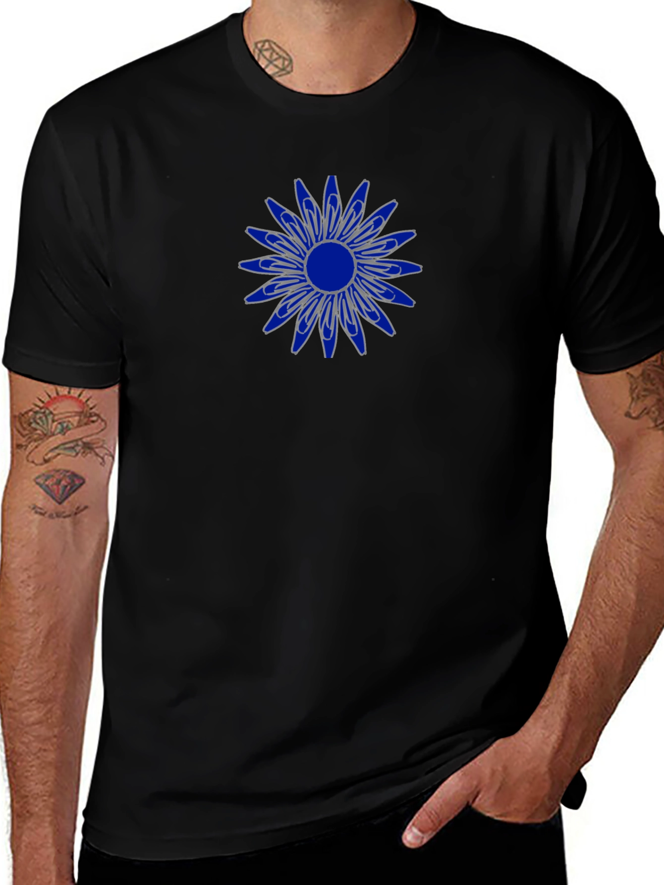 Variant 22 of Men's Black T-Shirt with Blue Flower Design