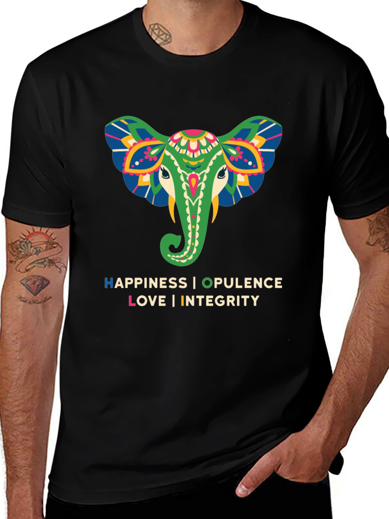 Variant 28 of Elephant Graphic Tee: Happiness, Opulence, Love & Integrity