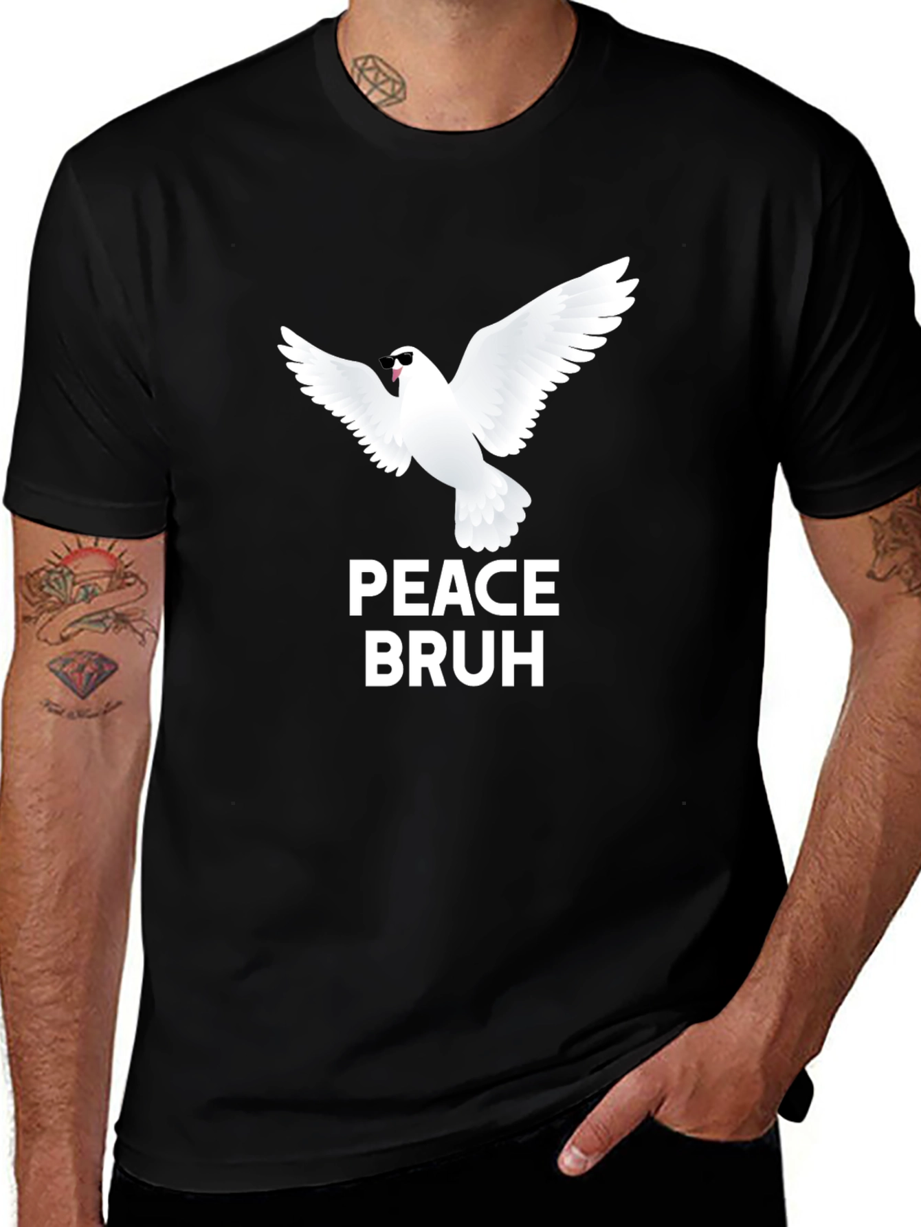 Variant 19 of Peace Bruh Graphic Tee - Dove Design Black T-Shirt
