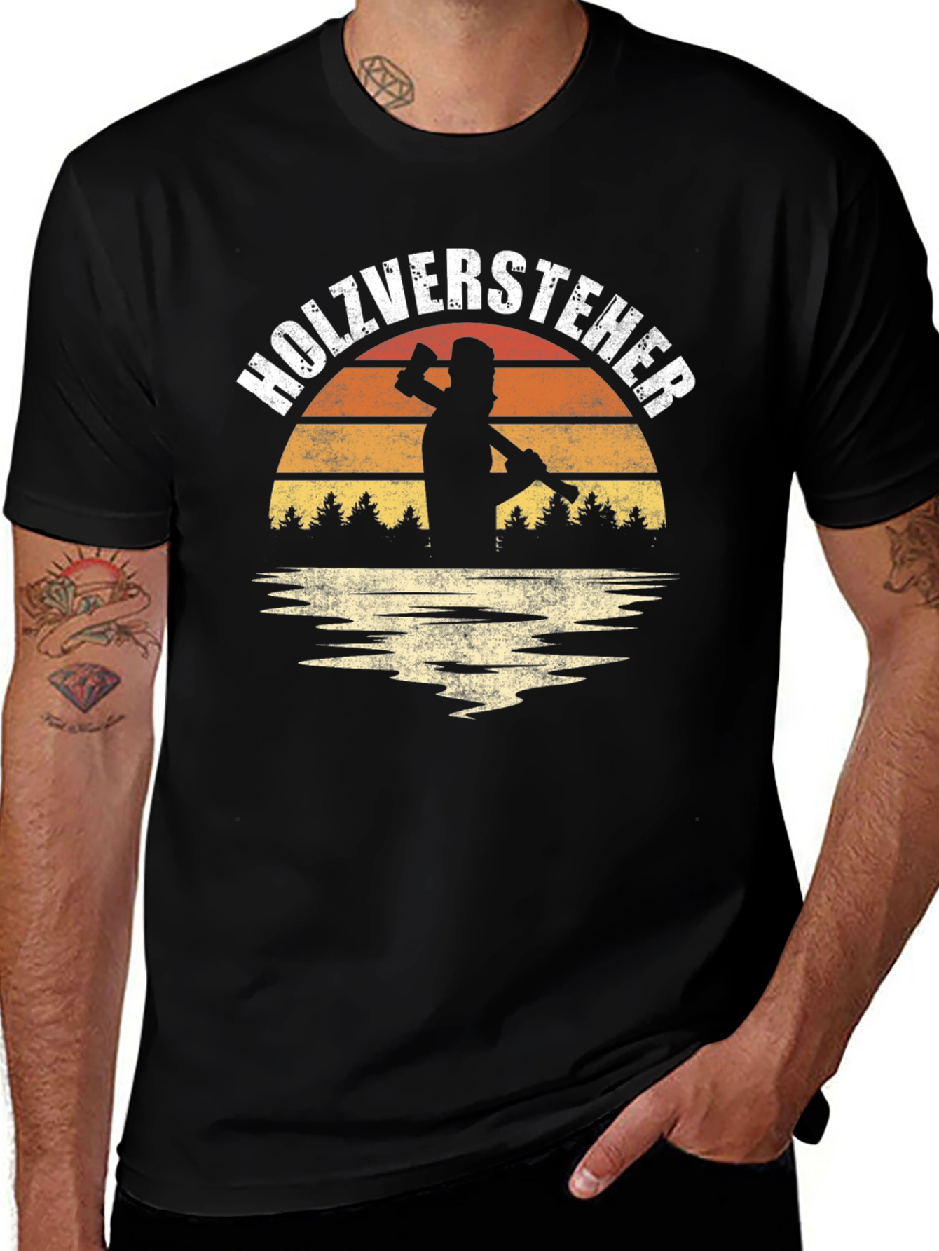 Black Holzversteher Graphic Tee - Woodworker Retro Sunset T-Shirt main image