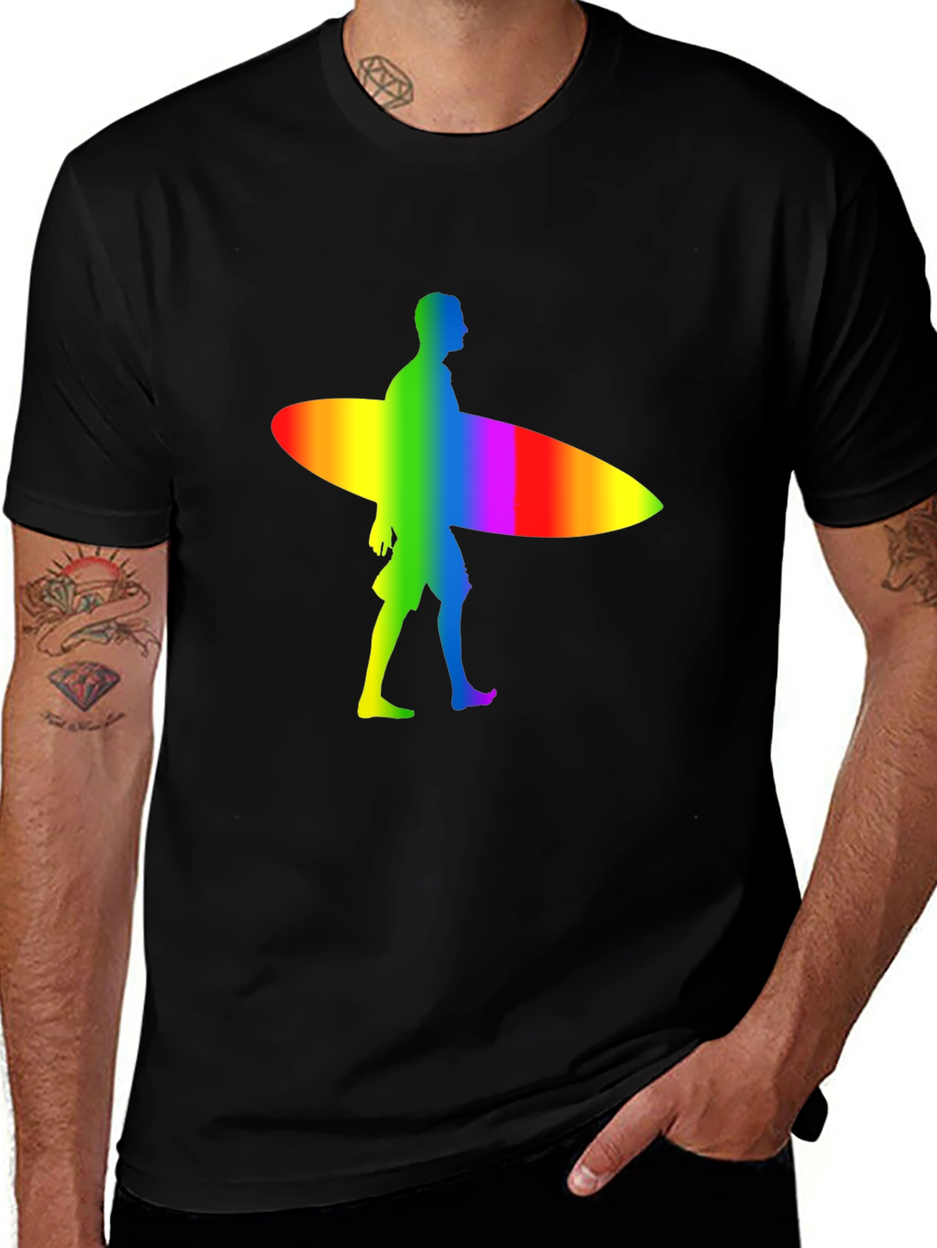 Variant 10 of Rainbow Surfer Graphic Tee - Black Cotton Comfort