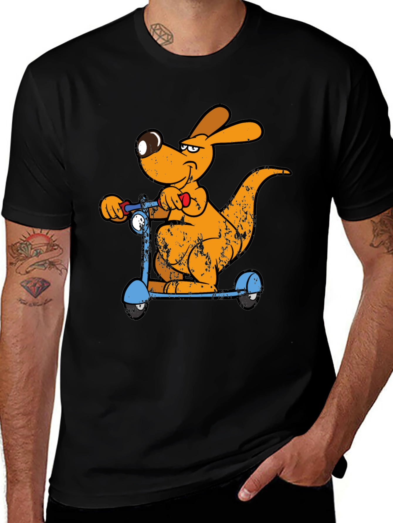Variant 8 of Cartoon Kangaroo Scooter Graphic Tee - Cool Black T-Shirt
