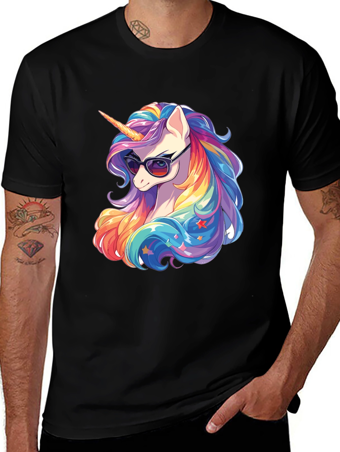 Cool Unicorn Graphic Tee - Rainbow Mane, Sunglasses