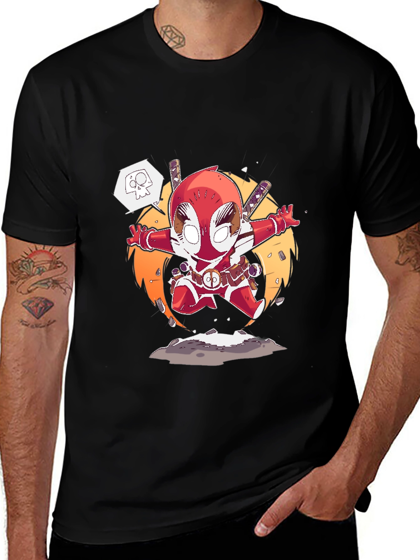 Deadpool Cartoon Graphic T-Shirt - Black