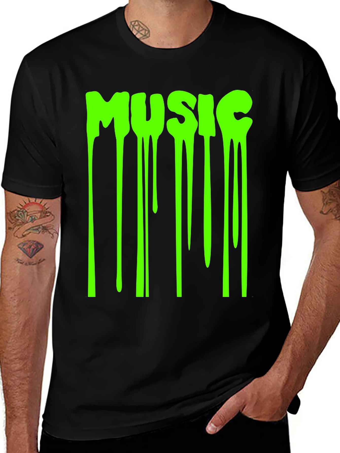 Men's Black T-Shirt with Dripping Music Graphic