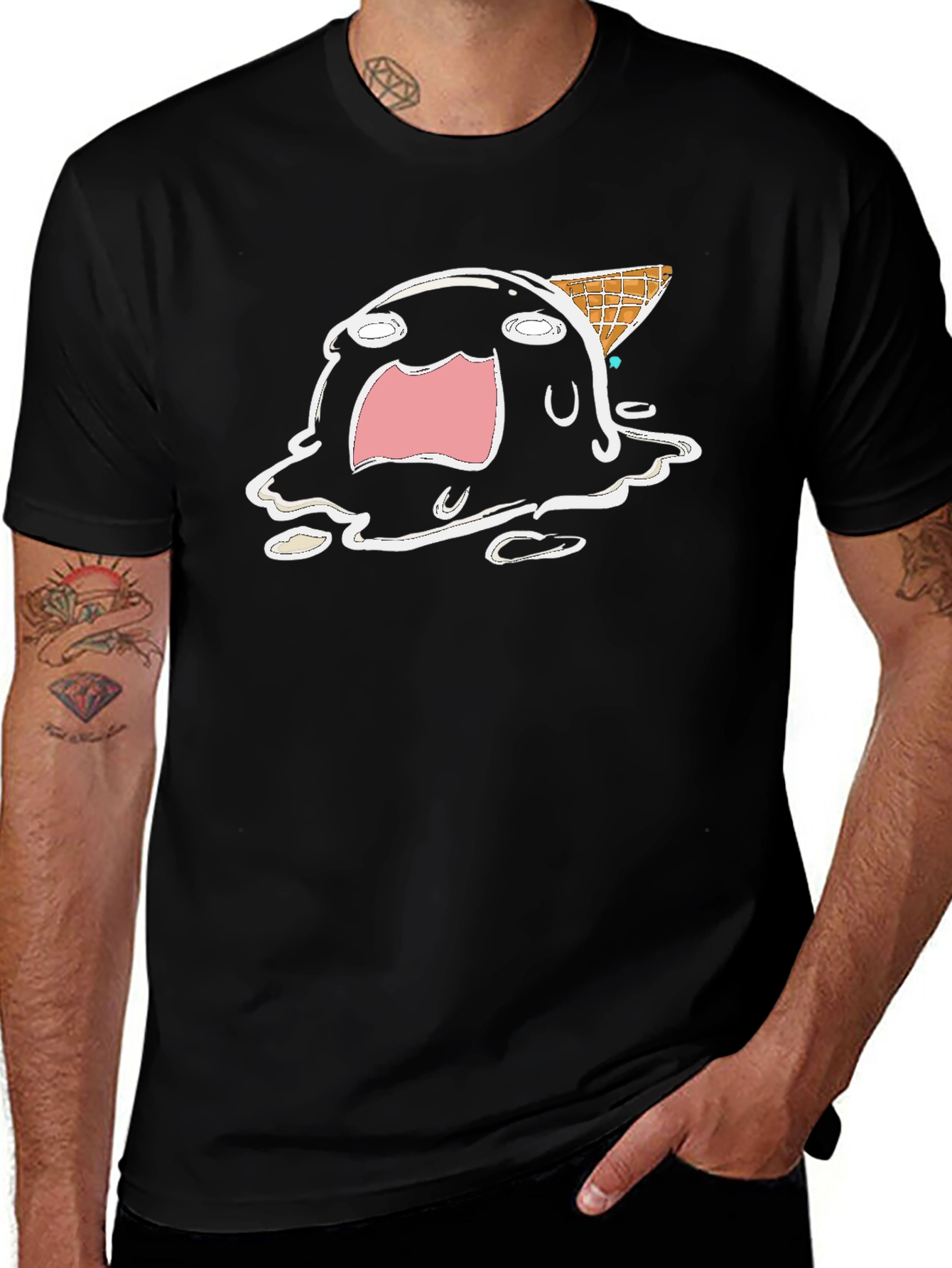 Variant 11 of Melting Ice Cream Cartoon Graphic Tee - Black