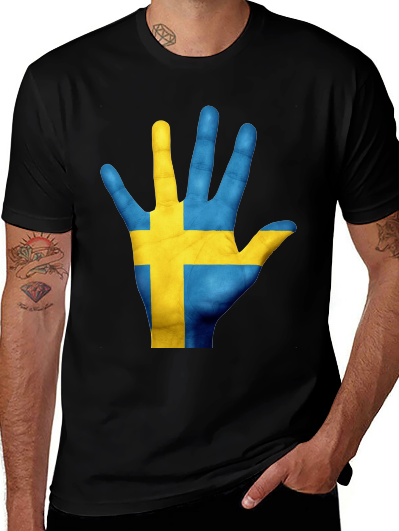 Sweden Flag Hand T-Shirt - Black