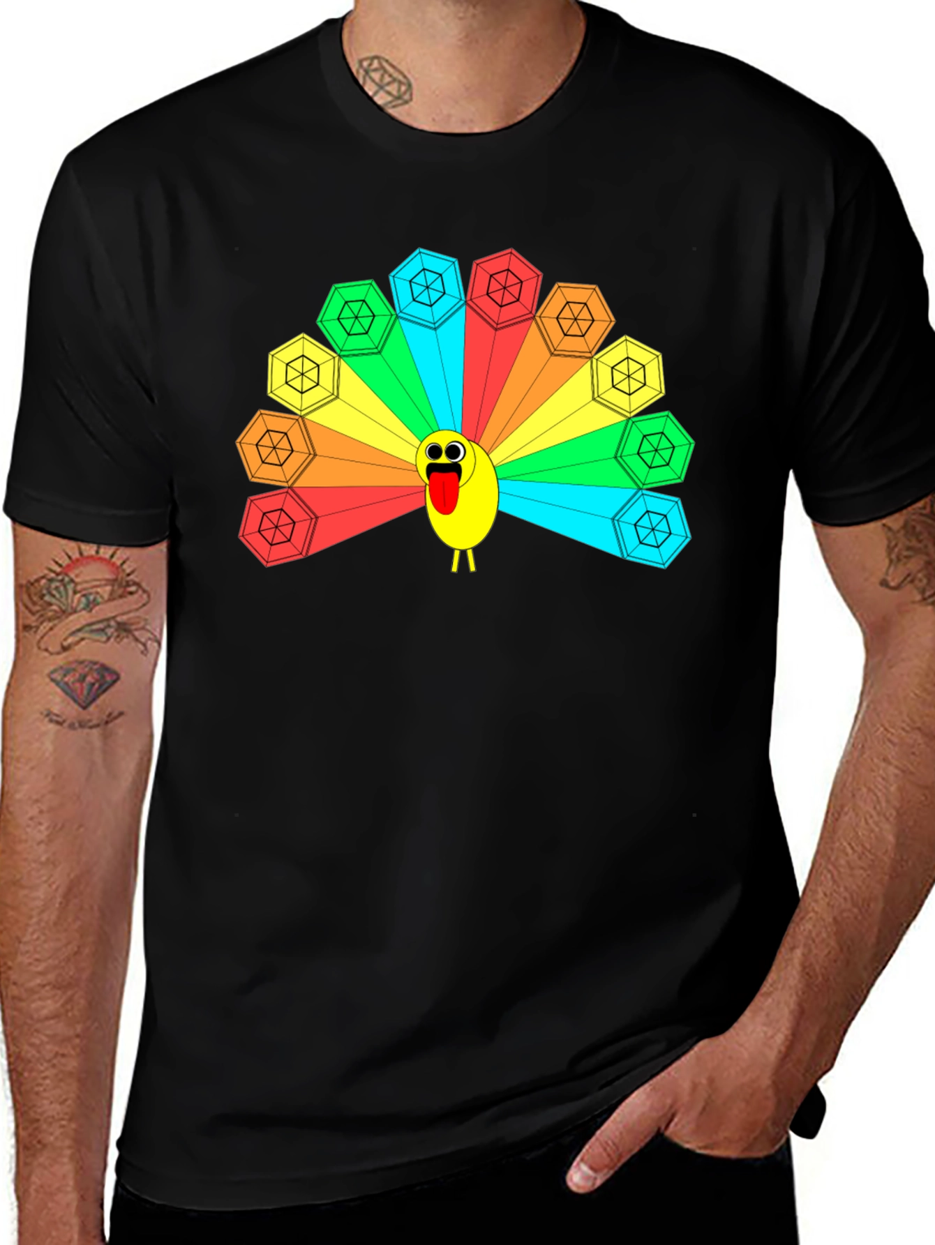 Variant 19 of Funky Cartoon Peacock Graphic Tee - Black
