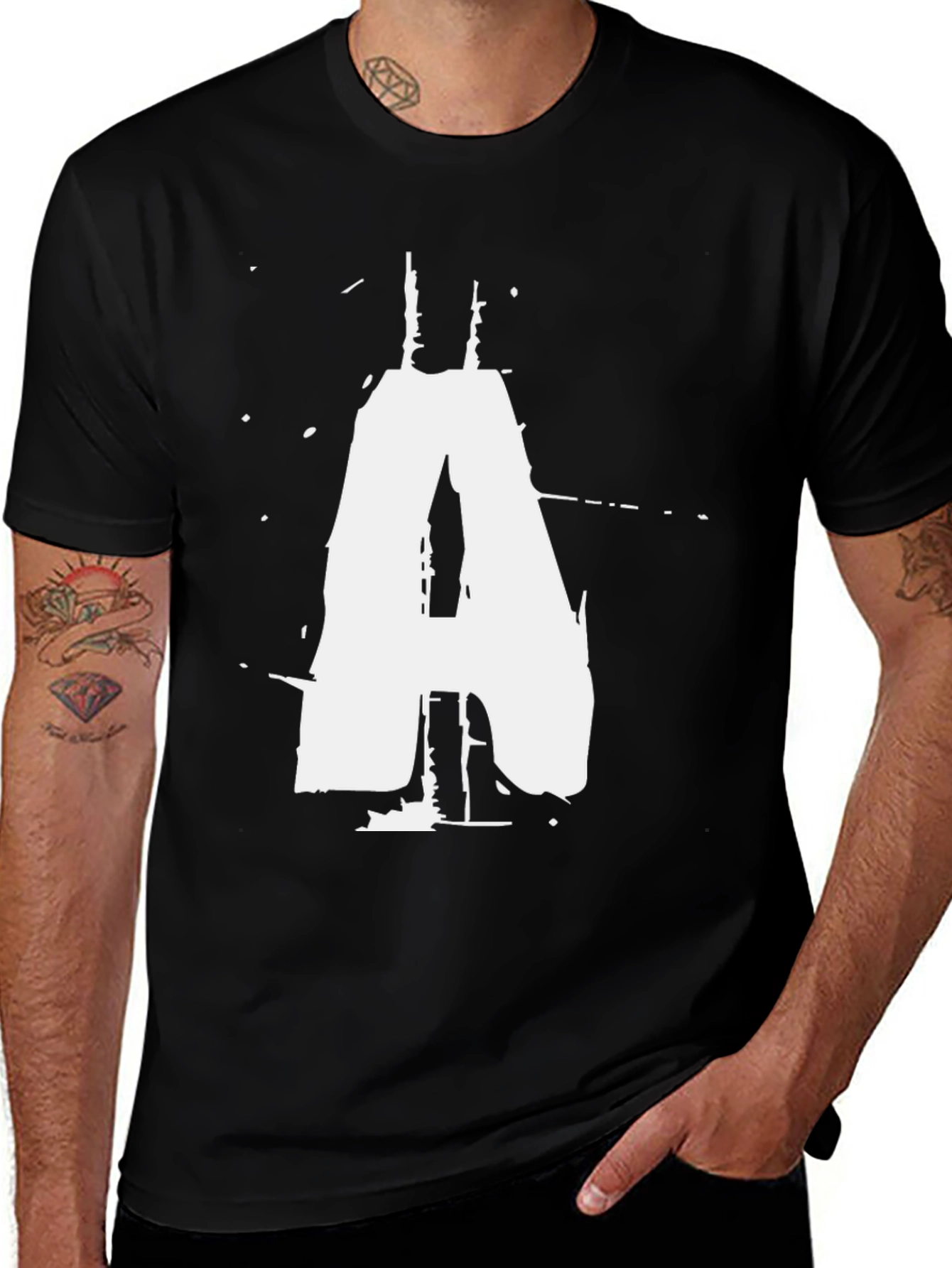 Variant 25 of Black T-Shirt with White Distressed Letter A Graphic