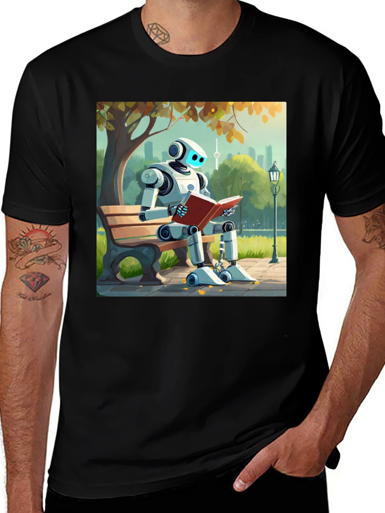 Variant 2 of Robot Reading Black T-Shirt - Unique Design
