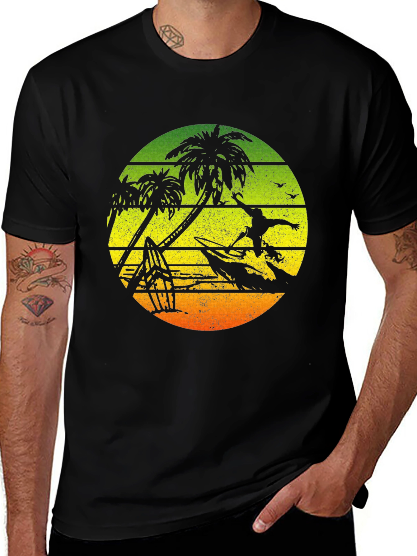 Black Surfing Palm Tree Graphic T-Shirt - Black main image