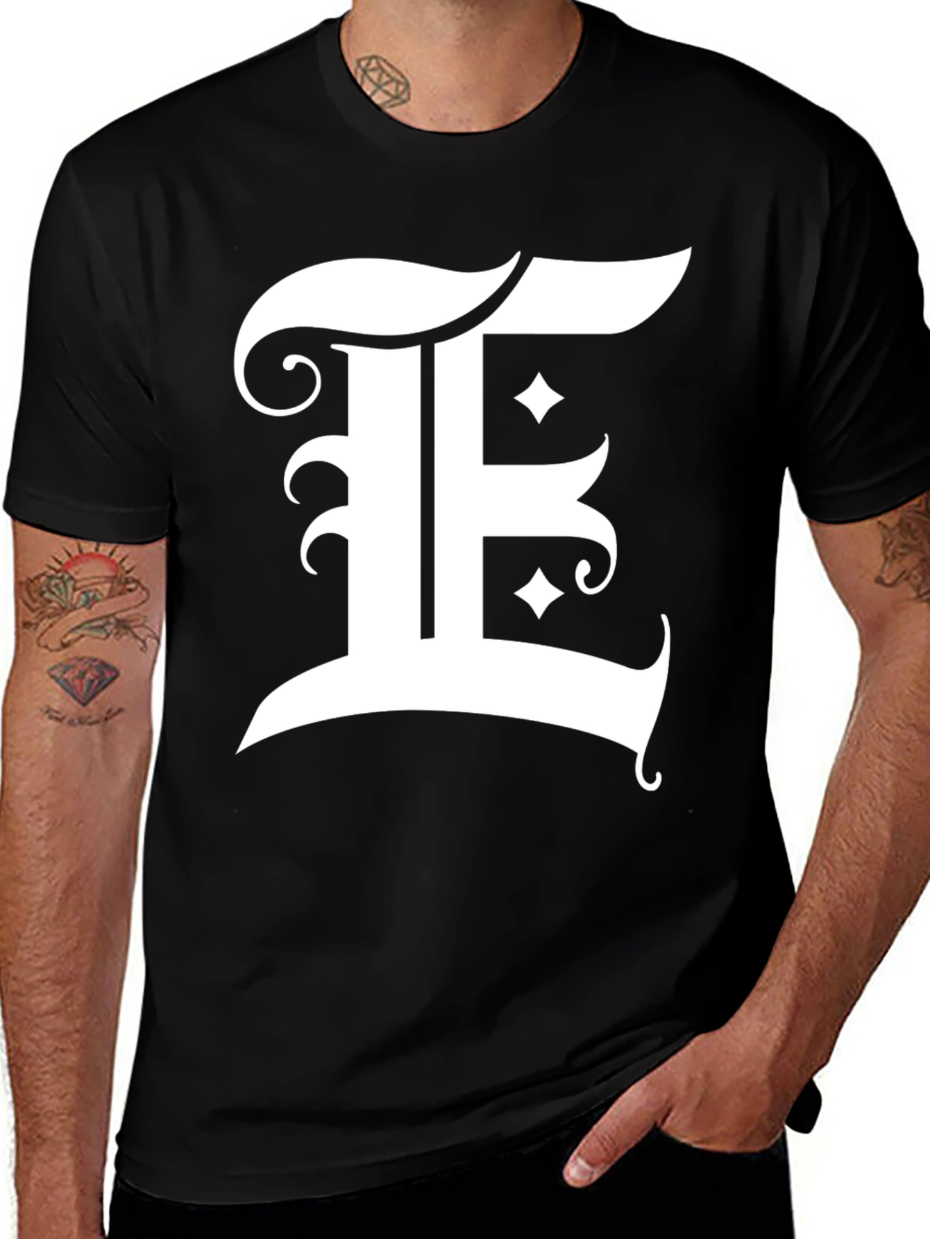 Variant 27 of Black T-Shirt with White Letter E Design