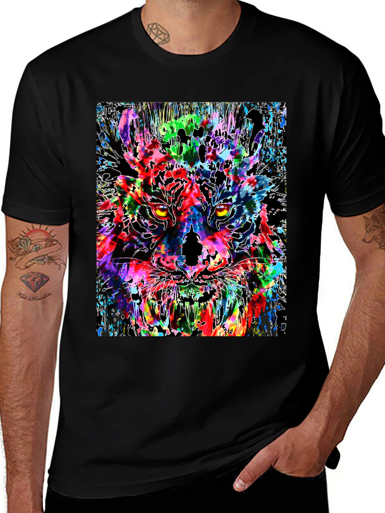 Variant 5 of Colorful Tiger Graphic Print Men's Black T-Shirt